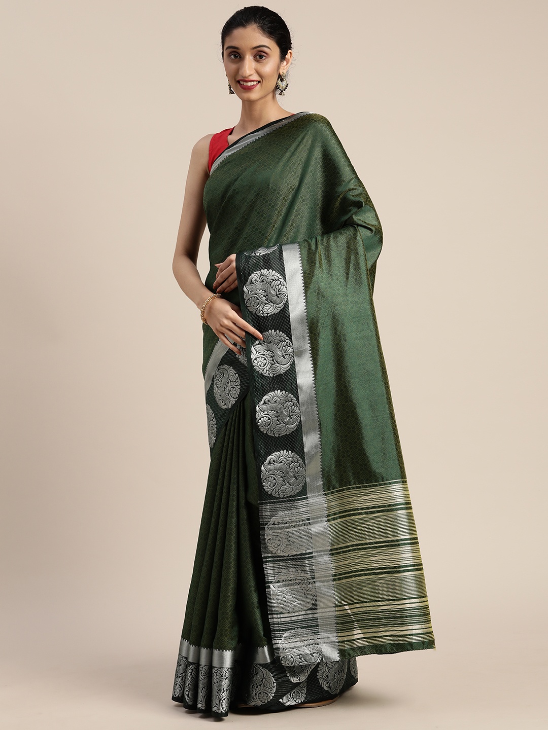 

MIMOSA Olive Green Art Silk Woven Design Kanjeevaram Saree