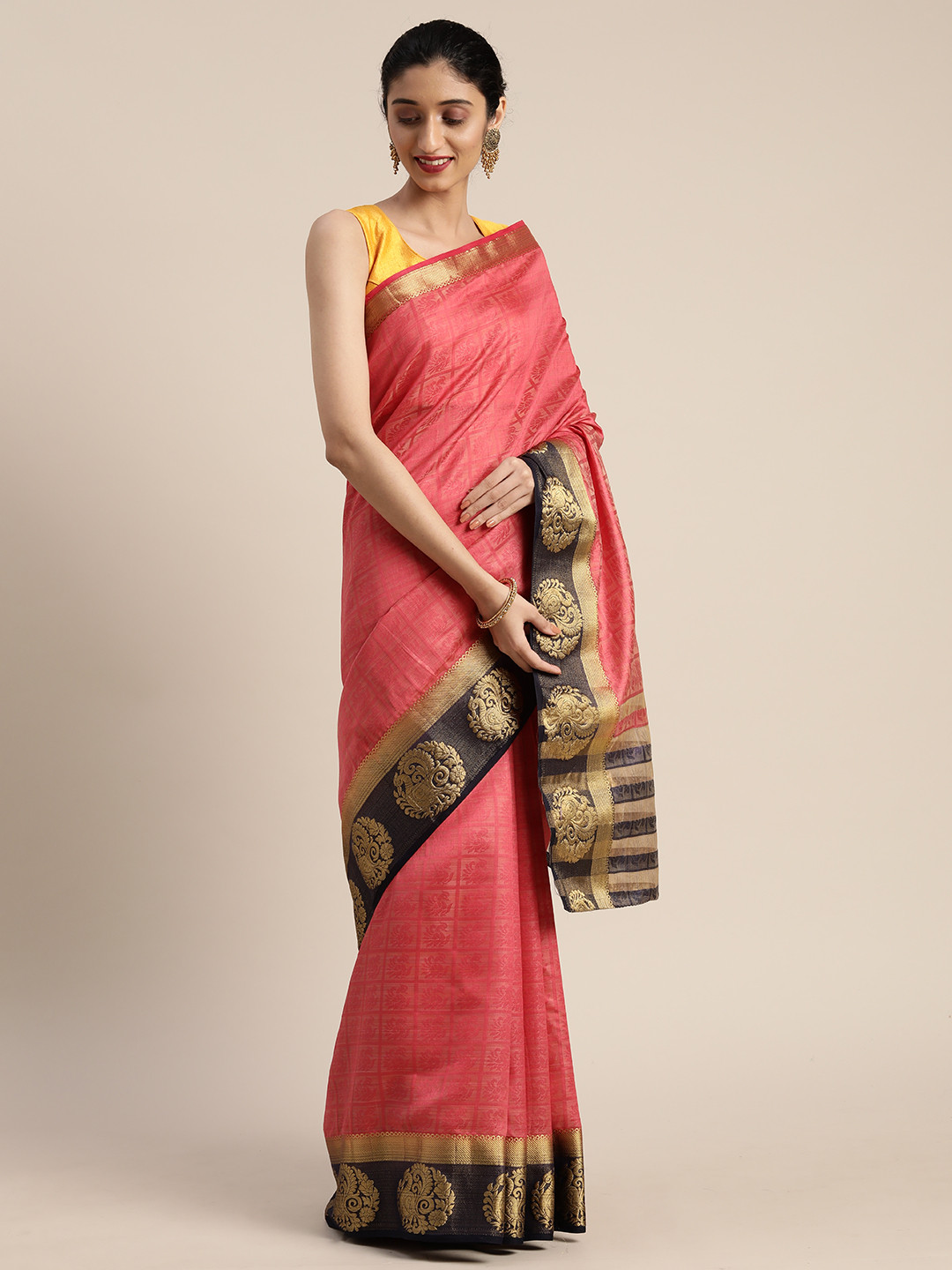 

MIMOSA Pink & Black Art Silk Woven Design Kanjeevaram Saree