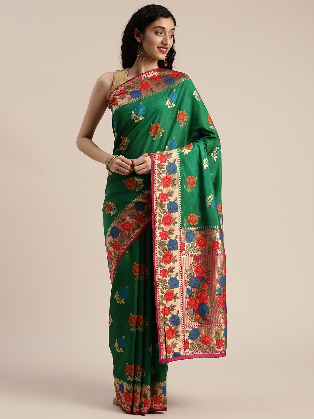 

MIMOSA Green & Gold-Toned Art Silk Woven Design Patola Saree