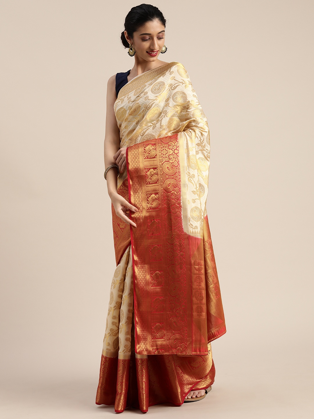 

MIMOSA Cream-Coloured Art Silk Woven Design Kanjeevaram Saree