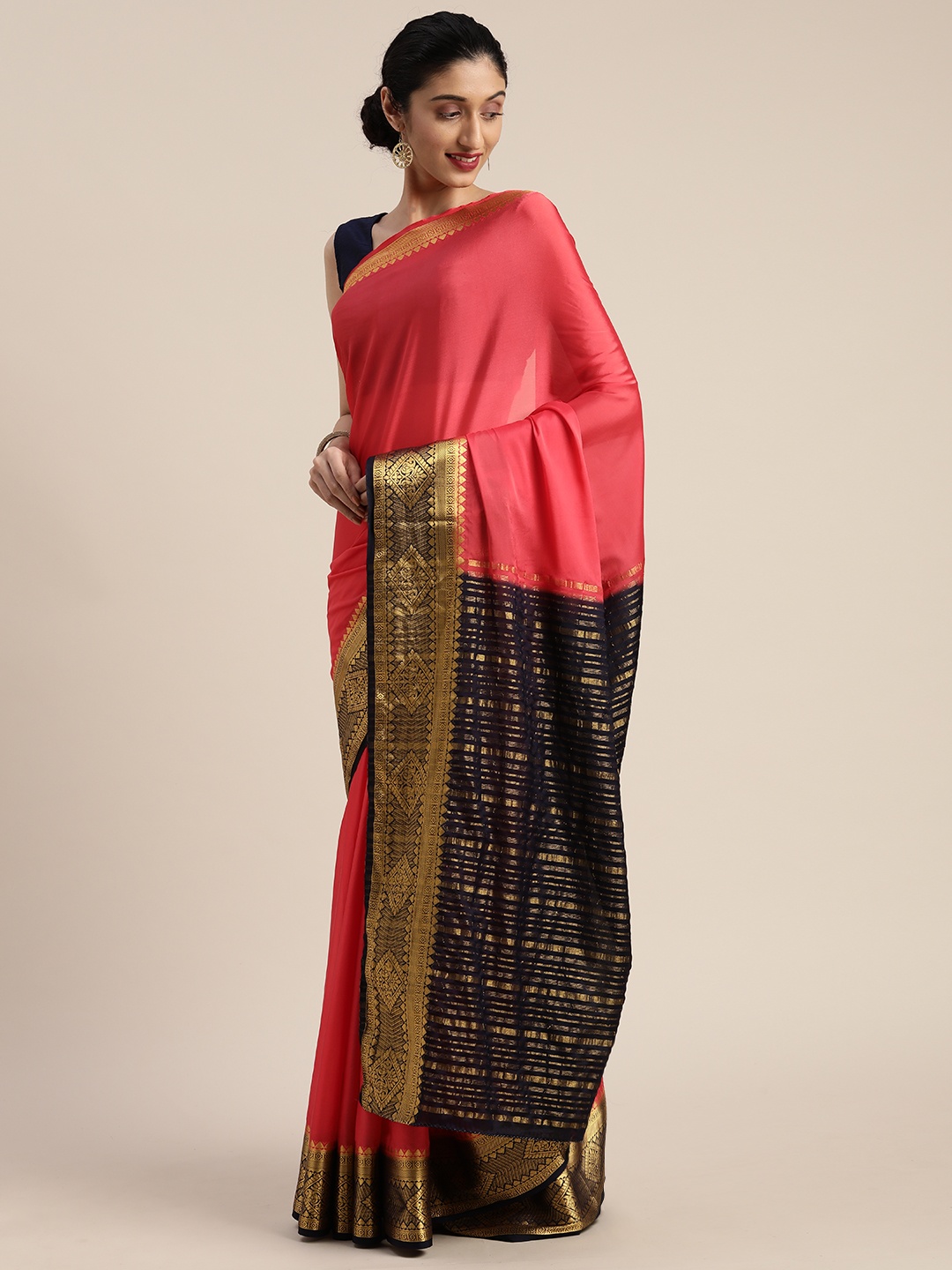 

MIMOSA Coral Poly Crepe Solid Mysore Silk Saree