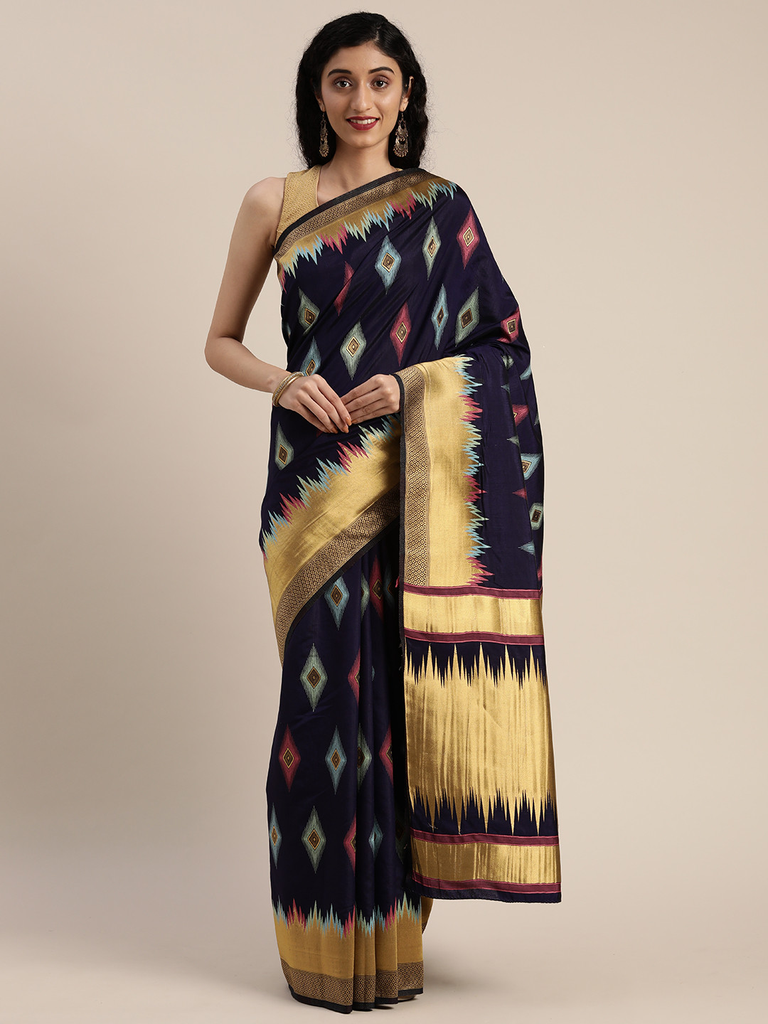 

MIMOSA Navy Blue & Pink Art Silk Woven Design Ikat Saree