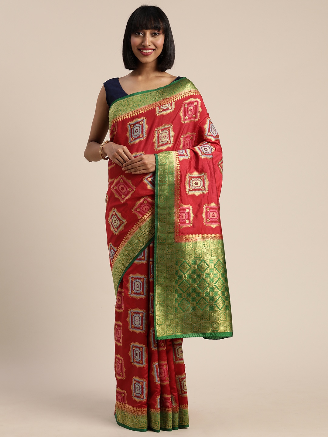 

MIMOSA Red & Gold-Toned Art Silk Woven Design Patola Saree