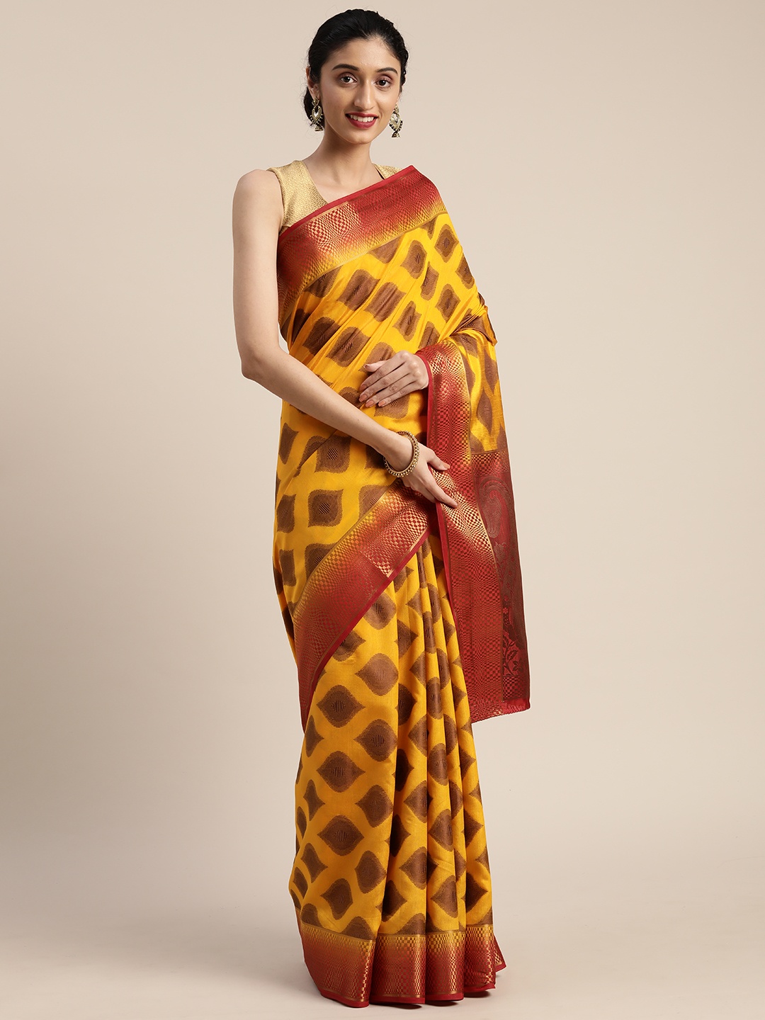 

MIMOSA Mustard Yellow & Brown Art Silk Woven Design Kanjeevaram Saree