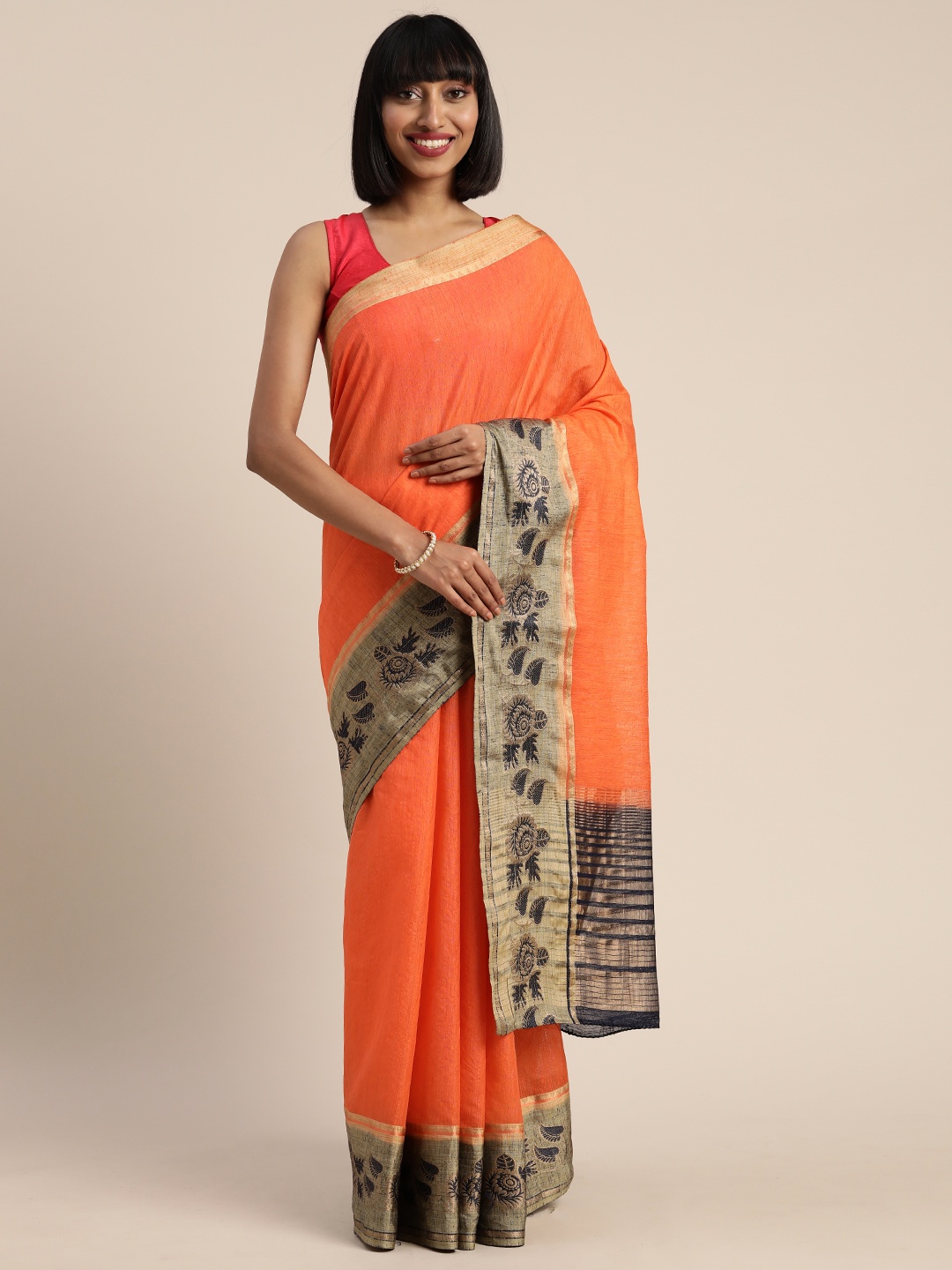 

MIMOSA Orange Linen Blend Solid Kanjeevaram Saree