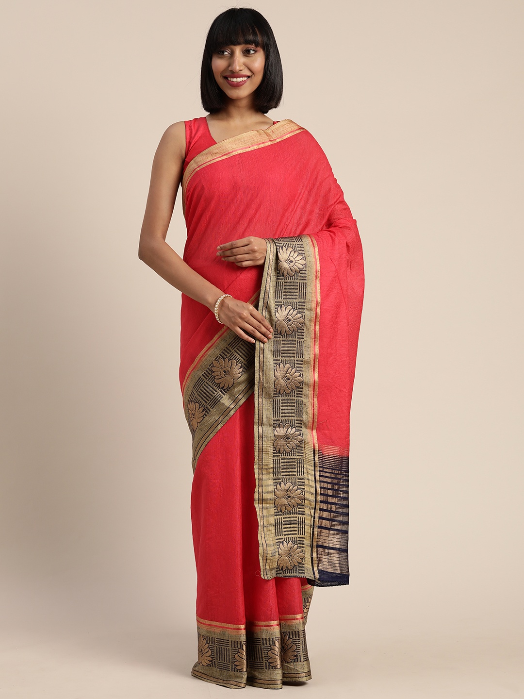

MIMOSA Red Linen Blend Solid Kanjeevaram Saree