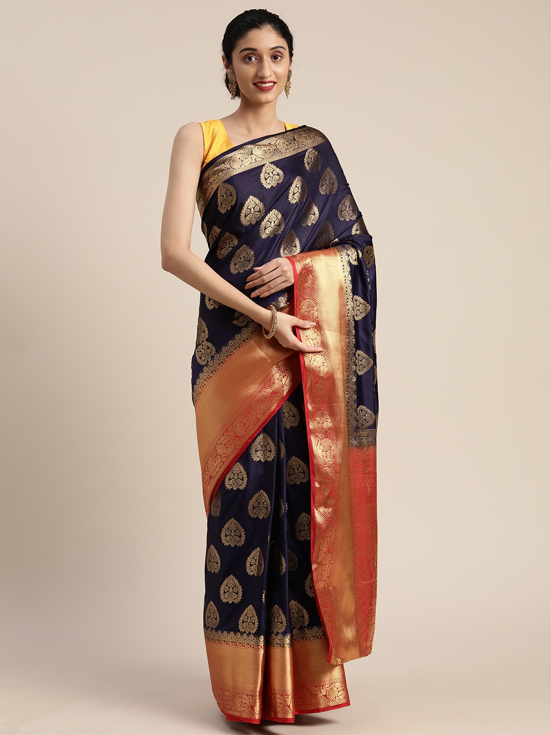 

MIMOSA Navy Blue & Red Art Silk Woven Design Kanjeevaram Saree