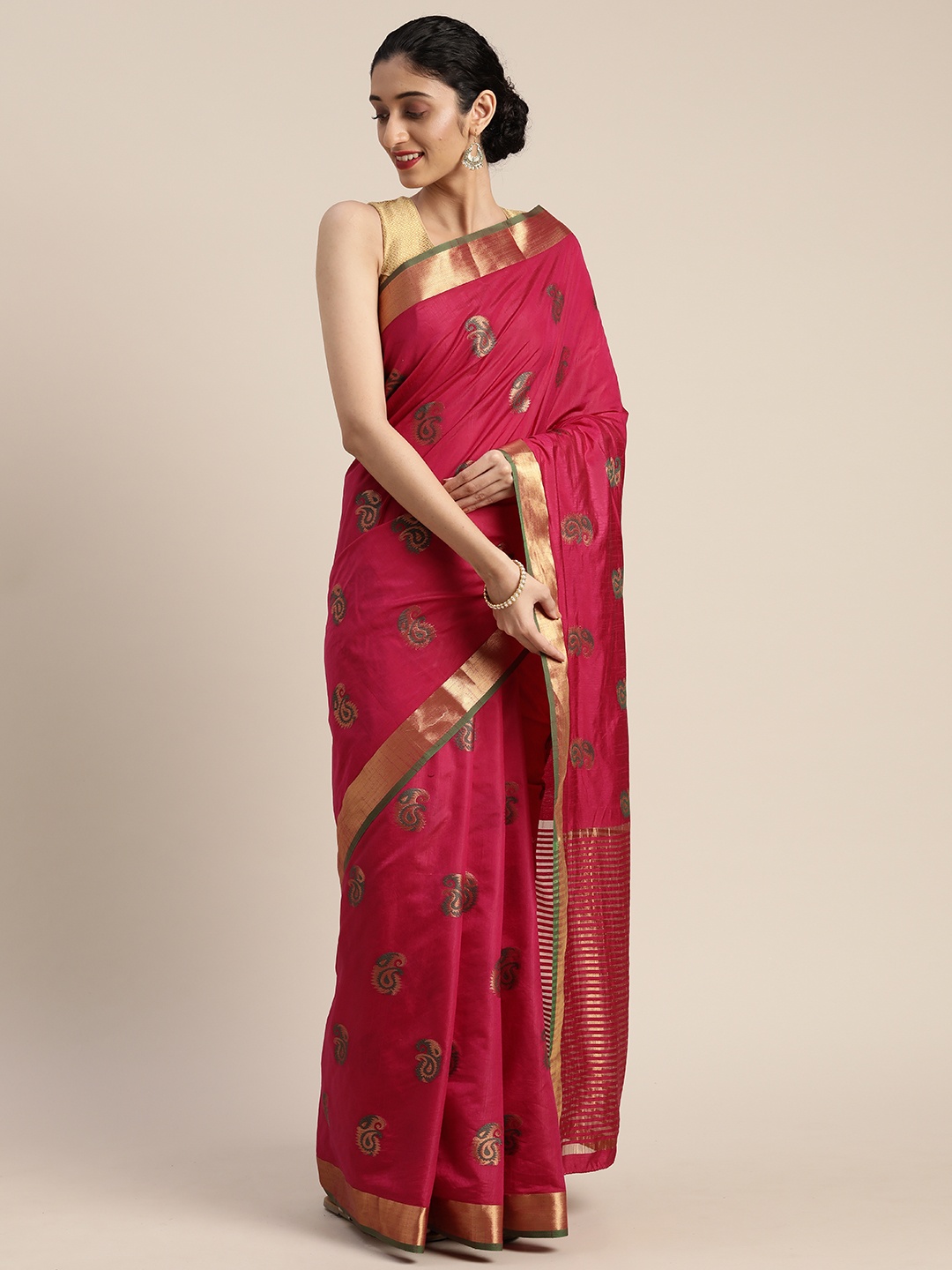 

MIMOSA Magenta Pink & Gold-Toned Art Silk Woven Design Ikat Saree