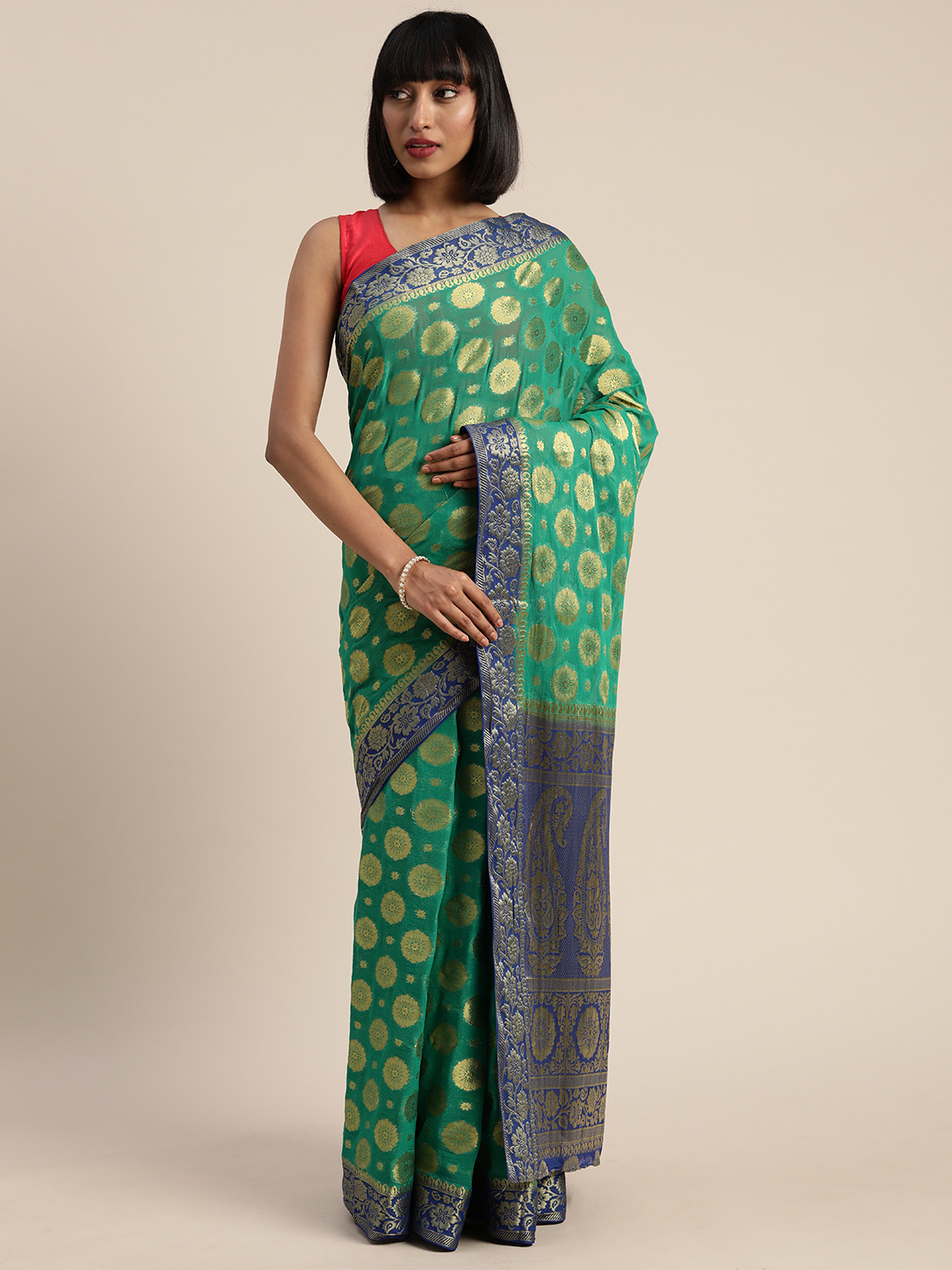 

MIMOSA Green & Blue Poly Chiffon Woven Design Banarasi Saree