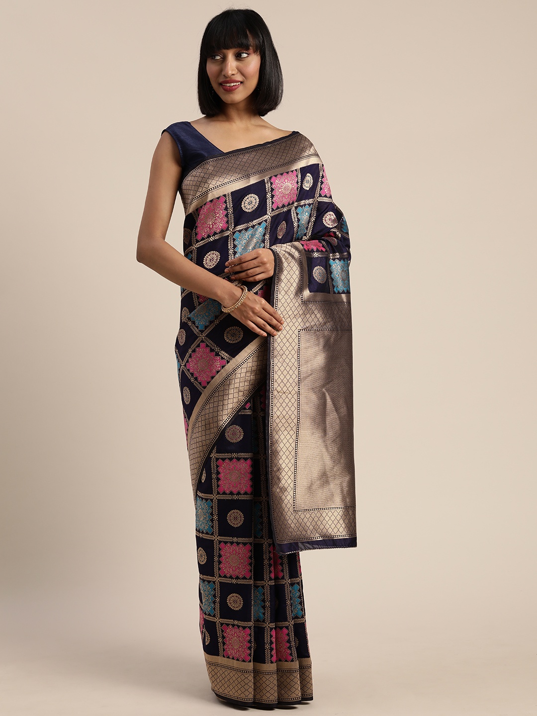 

MIMOSA Navy Blue & Gold-Toned Art Silk Woven Design Patola Saree