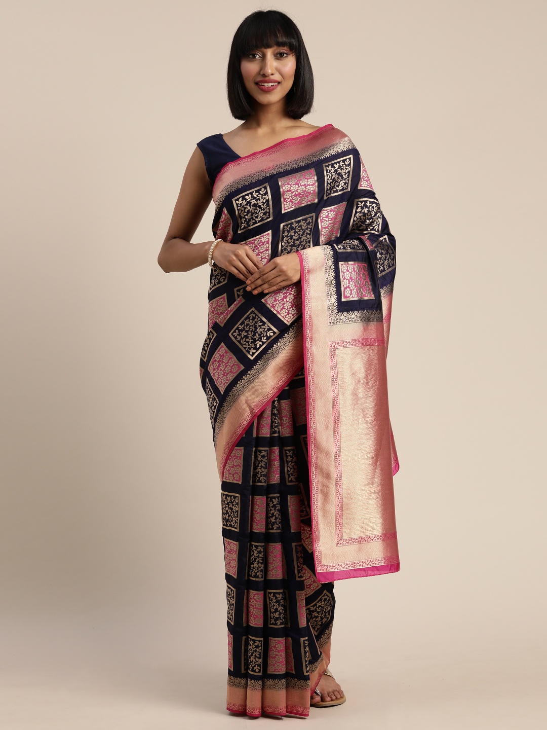 

MIMOSA Navy Blue & Pink Art Silk Woven Design Patola Saree