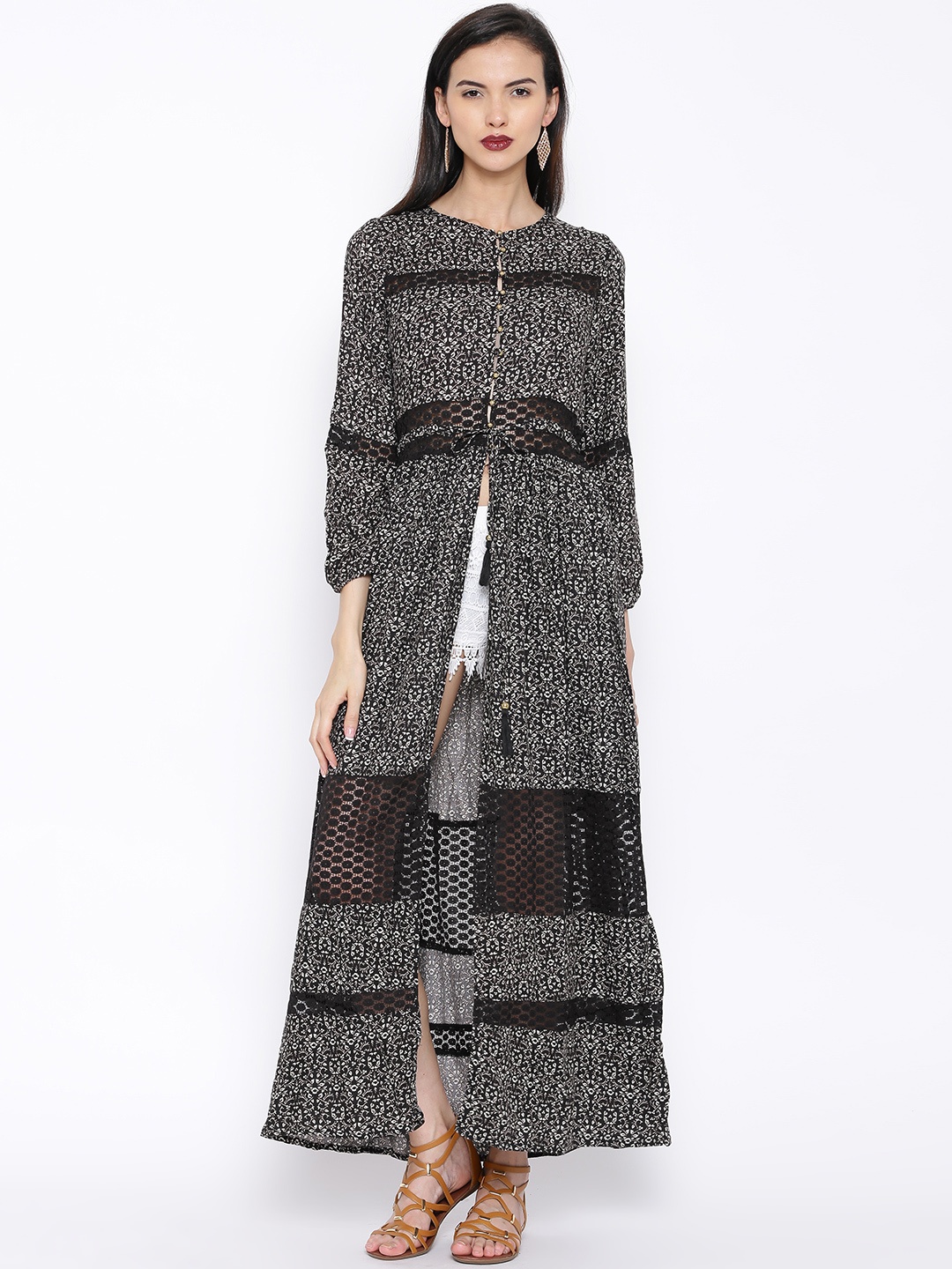 

Tokyo Talkies Black Floral Print Front Slit Maxi Top