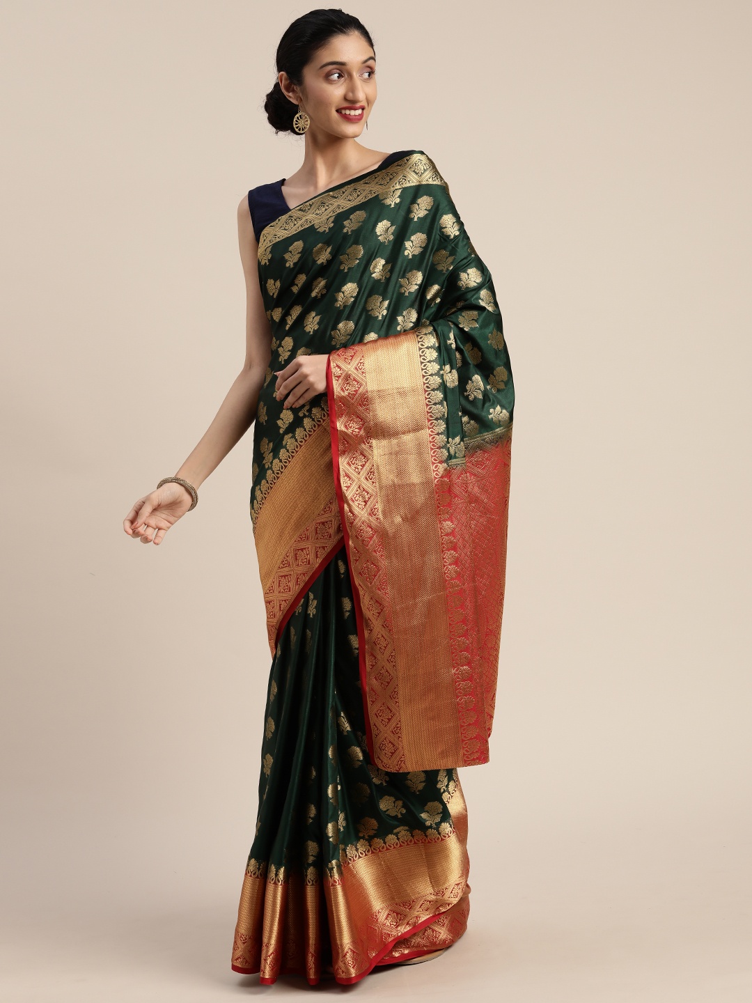 

MIMOSA Teal Green & Gold-Toned Art Silk Woven Design Kanjeevaram Saree