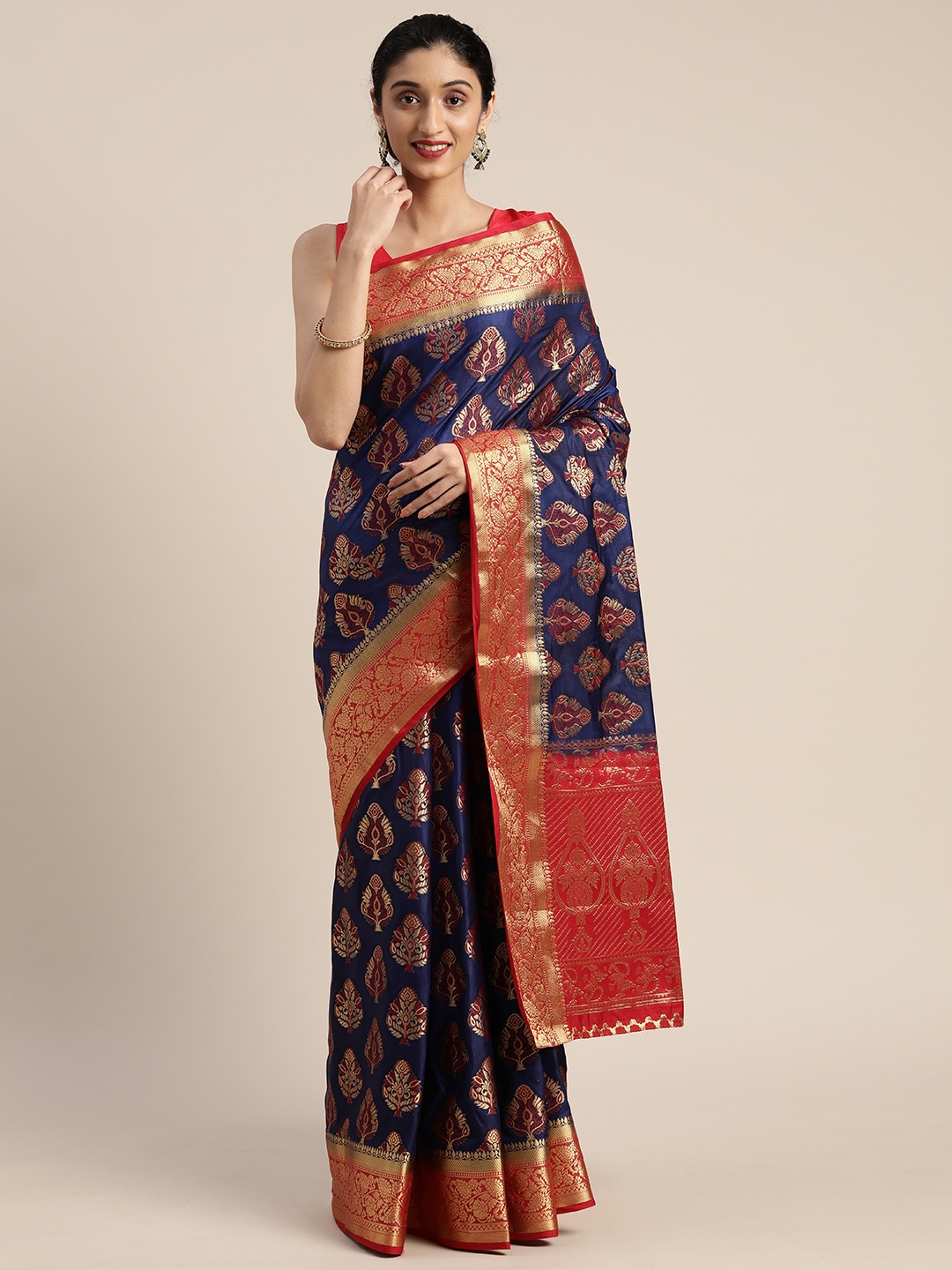 

MIMOSA Navy Blue & Gold-Toned Art Silk Woven Design Patola Saree