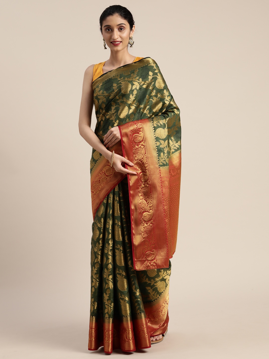 

MIMOSA Green & Golden Art Silk Woven Design Kanjeevaram Saree