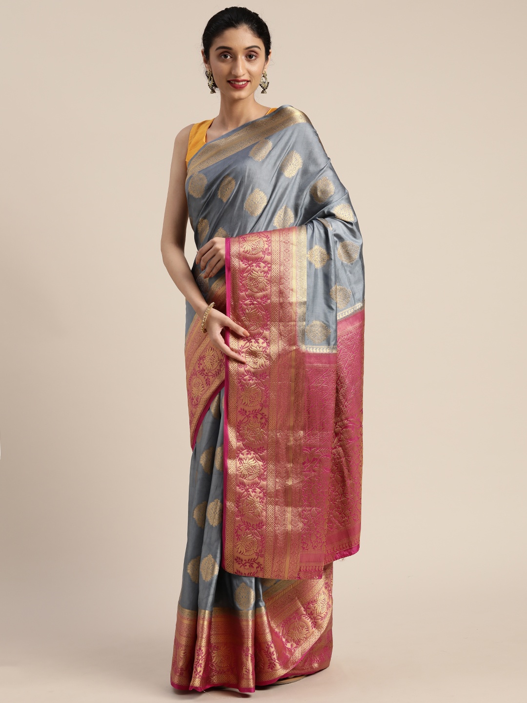 

MIMOSA Grey & Gold-Toned Art Silk Woven Design Kanjeevaram Saree