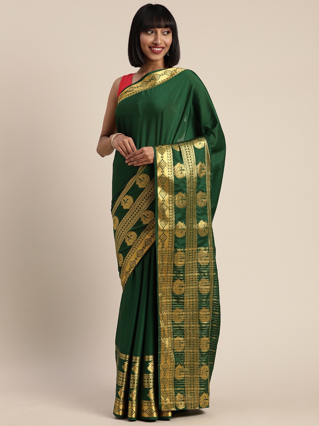 

MIMOSA Green Poly Crepe Solid Mysore Silk Saree