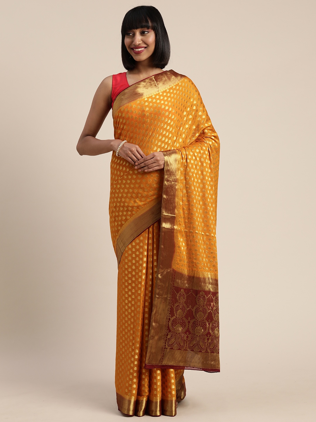 

MIMOSA Mustard Yellow & Gold-Coloured Poly Chiffon Woven Design Banarasi Saree