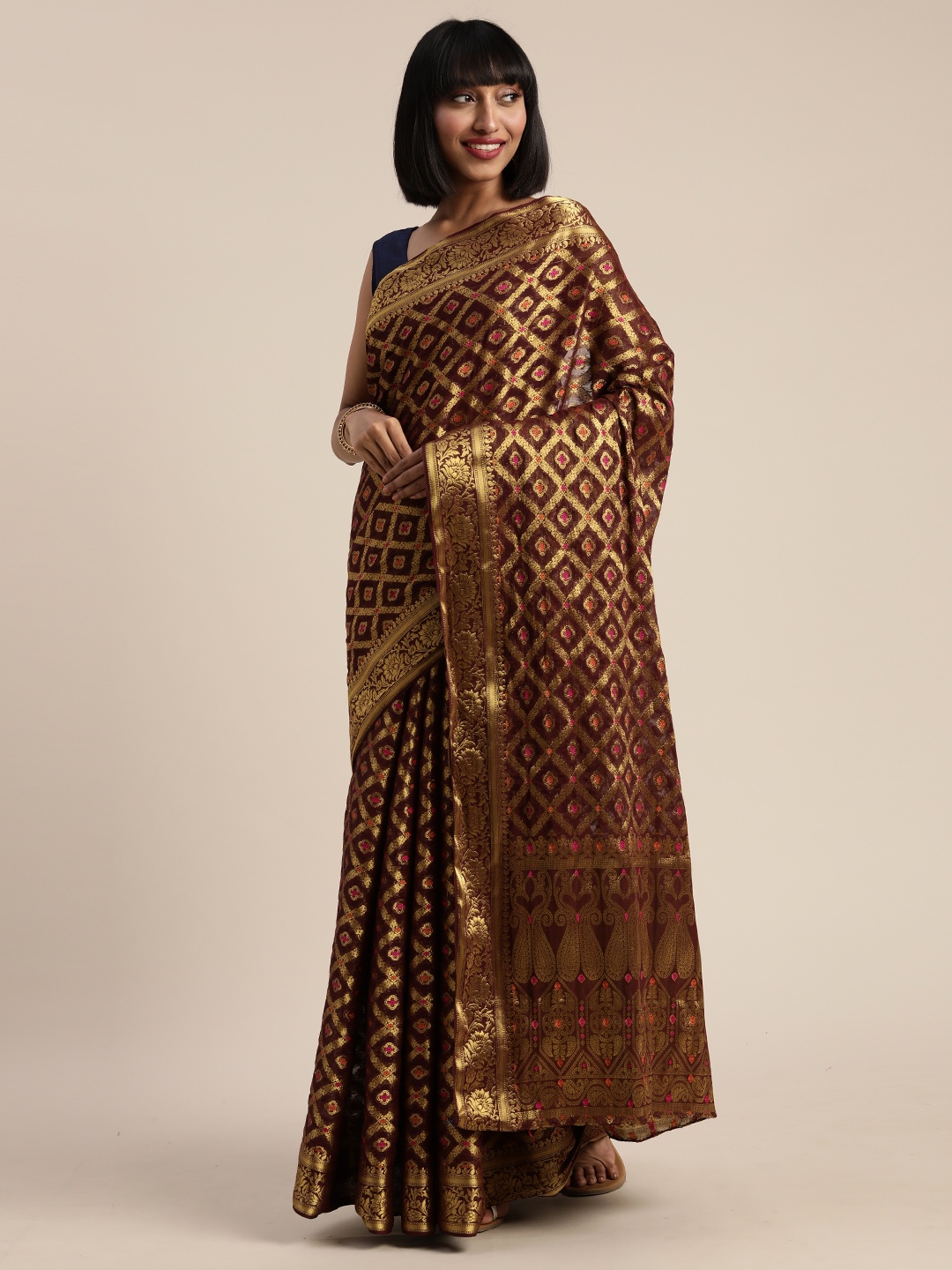 

MIMOSA Burgundy & Gold-Toned Poly Chiffon Woven Design Banarasi Saree