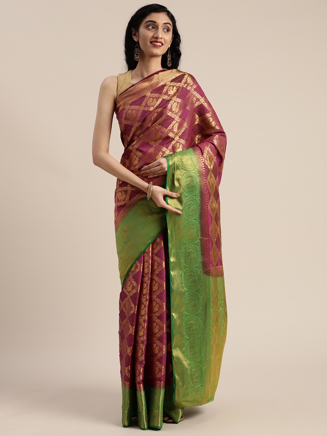 

MIMOSA Pink & Gold-Toned Art Silk Woven Design Kanjeevaram Saree