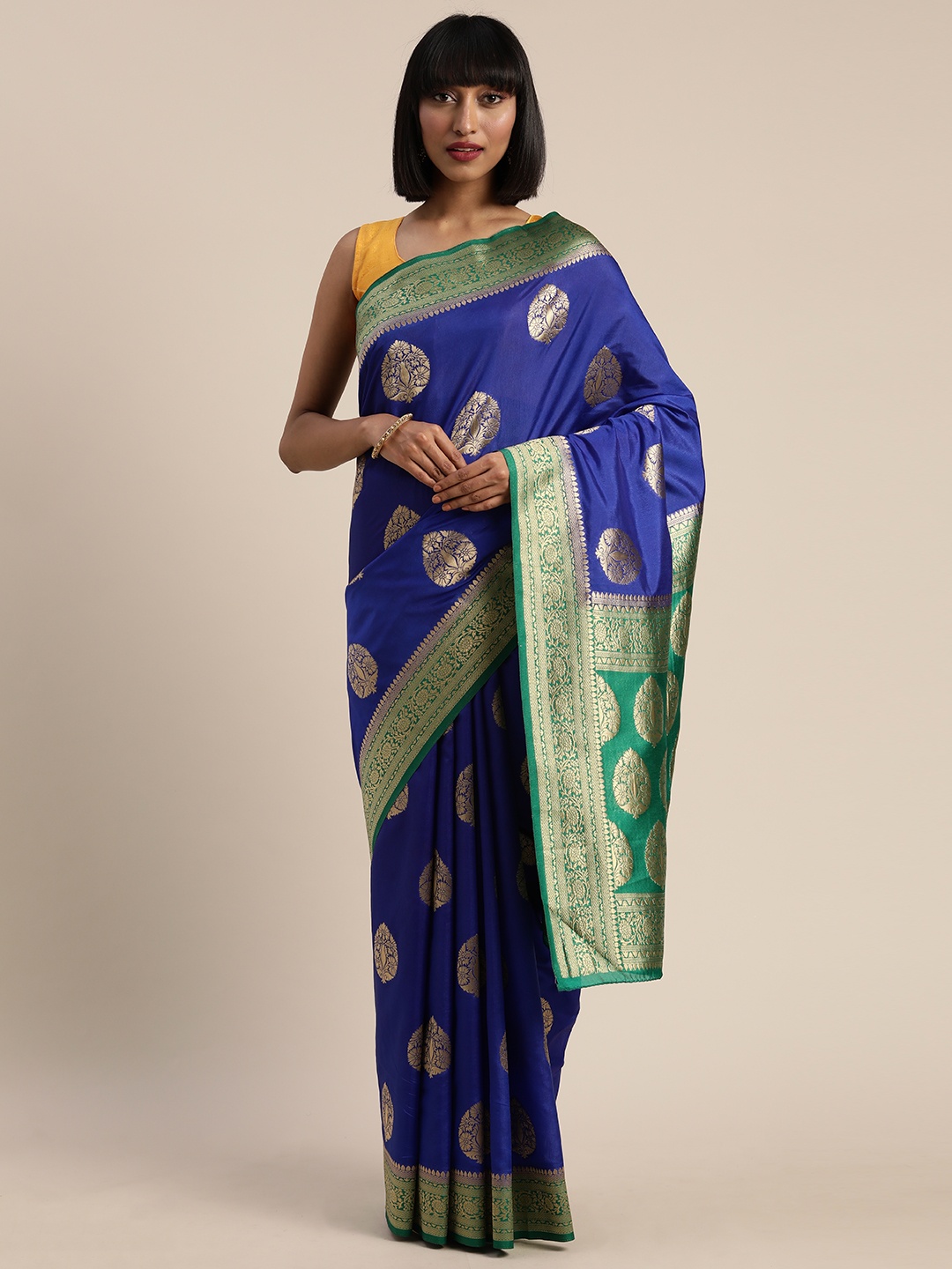 

MIMOSA Blue & Gold-Toned Art Silk Woven Design Kanjeevaram Saree