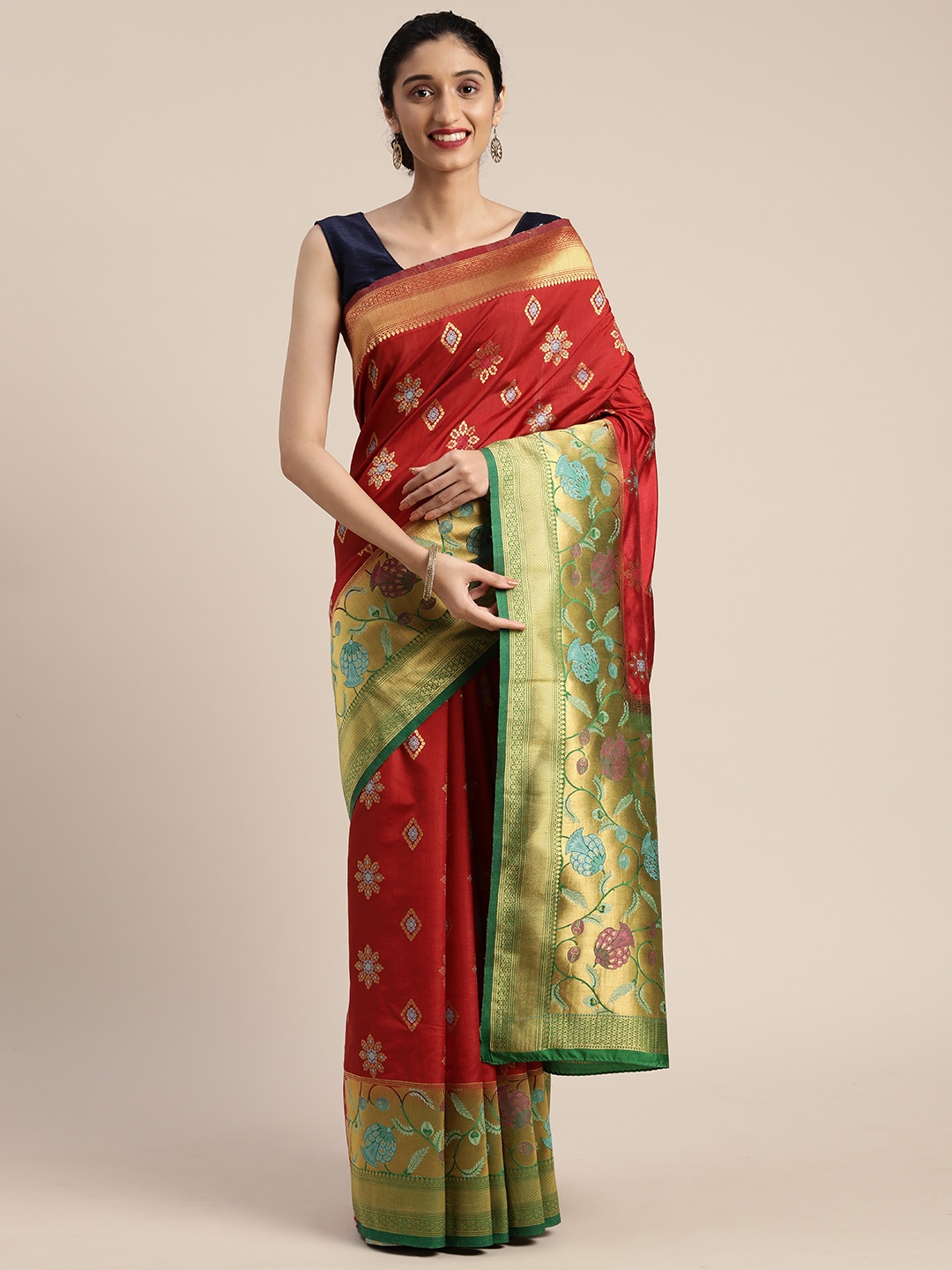 

MIMOSA Maroon & Gold-Toned Art Silk Woven Design Patola Saree