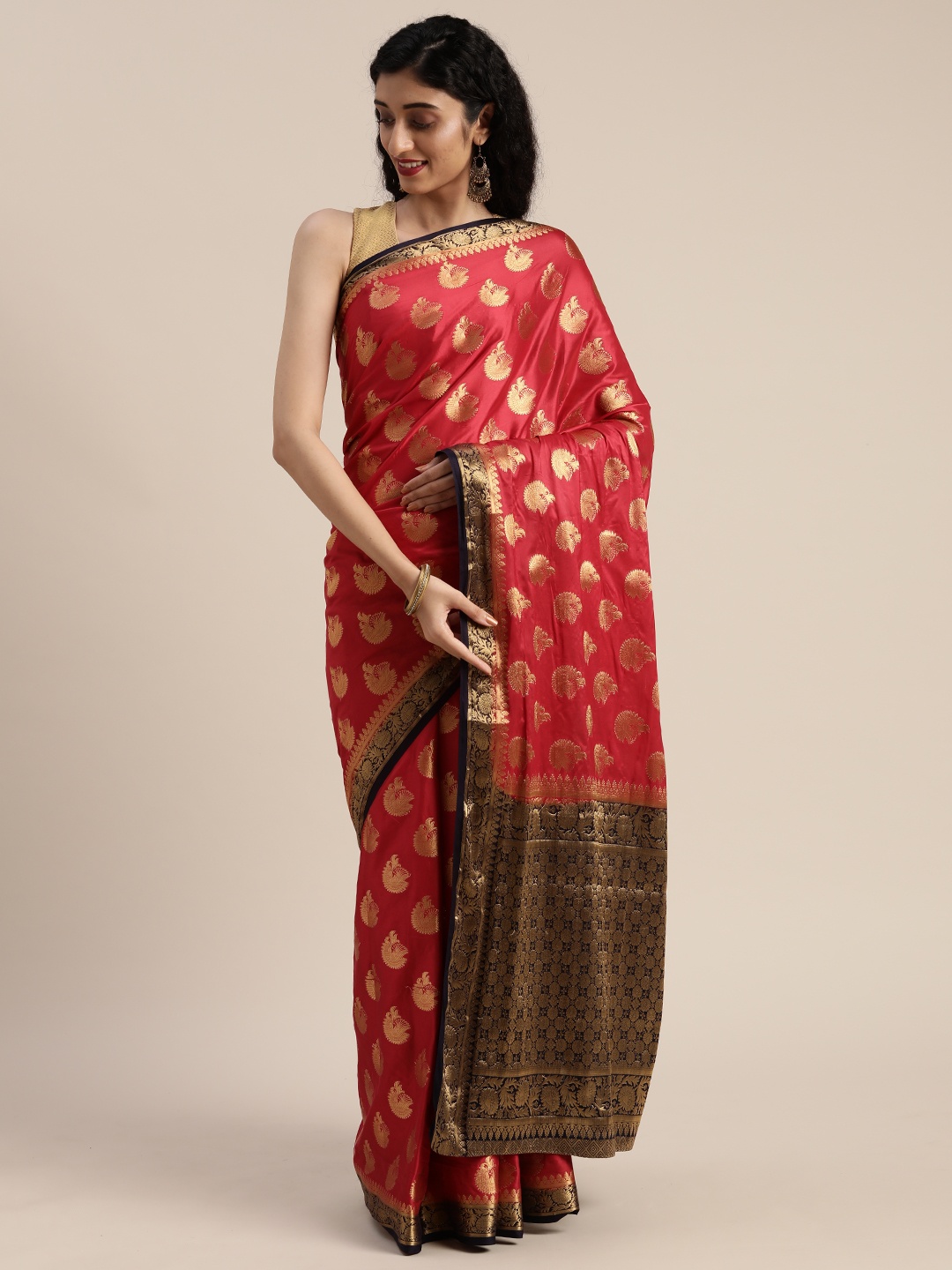 

MIMOSA Red & Gold-Toned Poly Crepe Woven Design Mysore Silk Saree