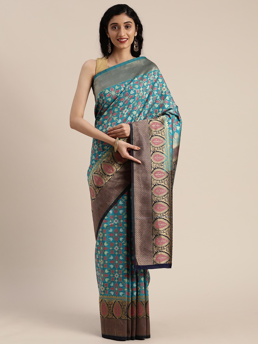 

MIMOSA Turquoise Blue & Pink Art Silk Woven Design Patola Saree