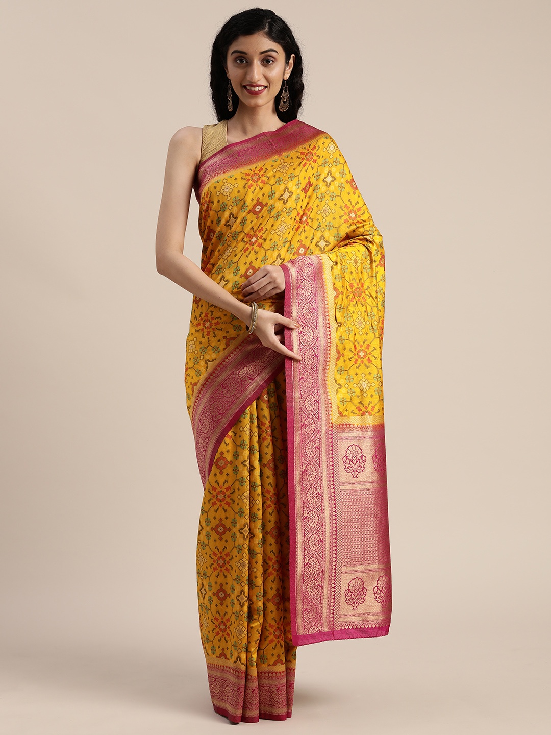 

MIMOSA Mustard Yellow & Pink Art Silk Woven Design Ikat Saree