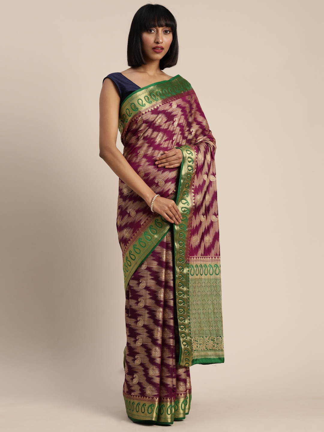 

MIMOSA Burgundy & Beige Art Silk Woven Design Kanjeevaram Saree