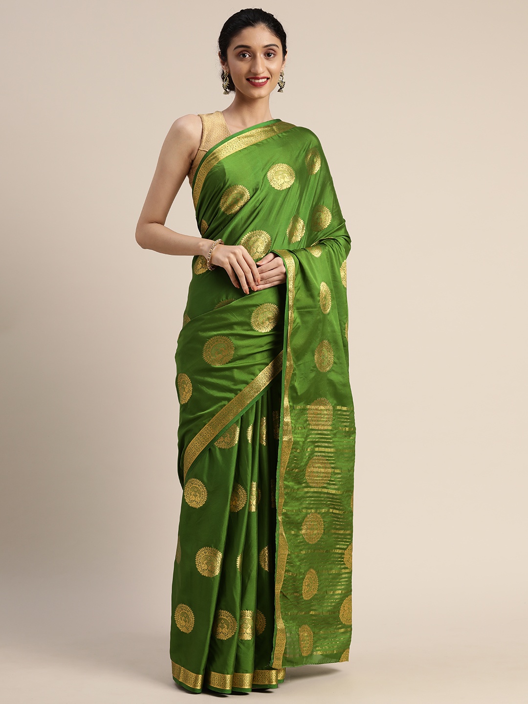 

MIMOSA Olive Green & Gold-Toned Poly Crepe Woven Design Mysore Silk Saree