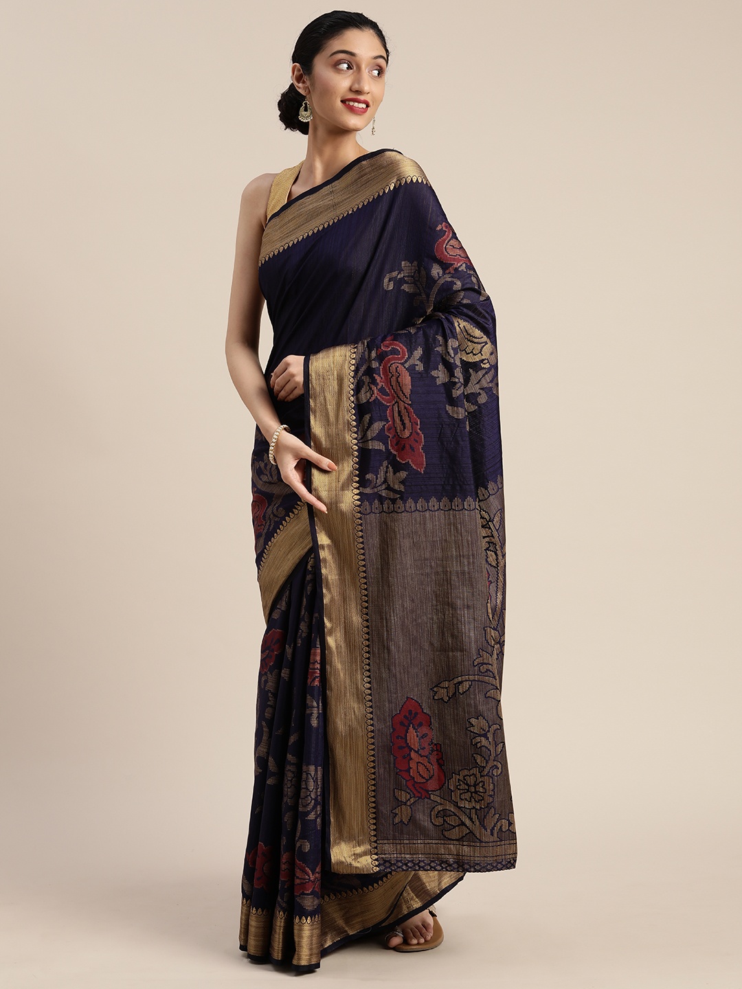 

MIMOSA Navy Blue & Gold-Toned Art Silk Woven Design Kanjeevaram Saree