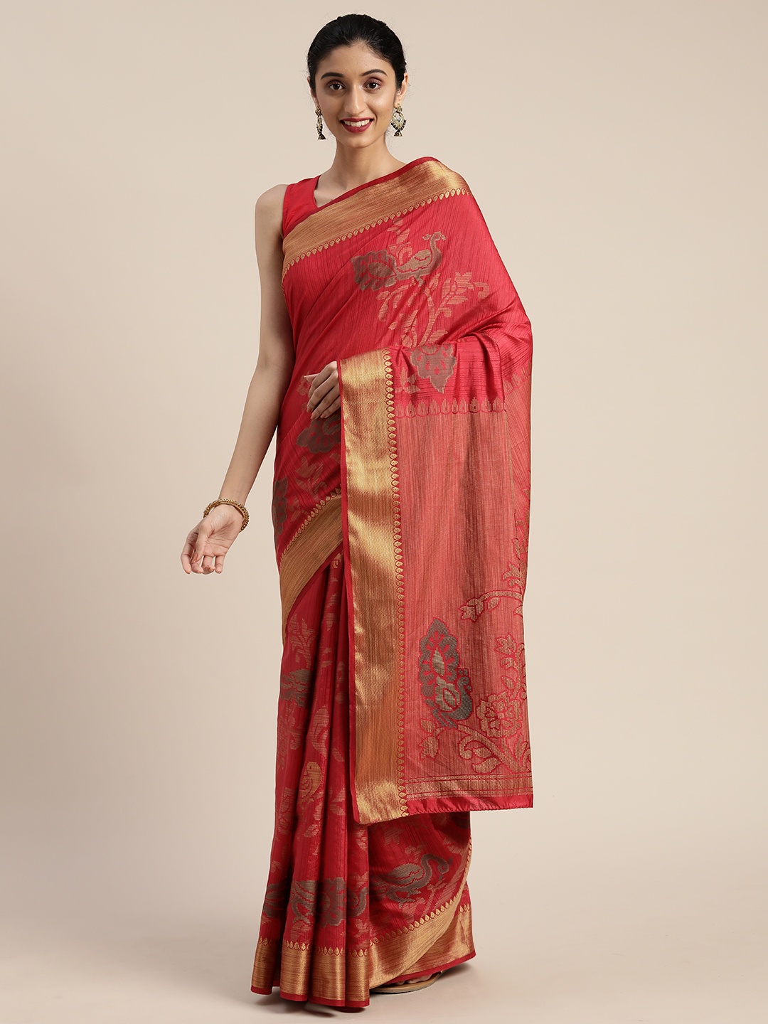 

MIMOSA Red & Gold-Toned Art Silk Woven Design Kanjeevaram Saree