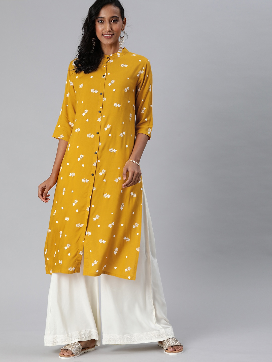 MIMOSA Women Mustard Yellow & White Printed Straight Kurta