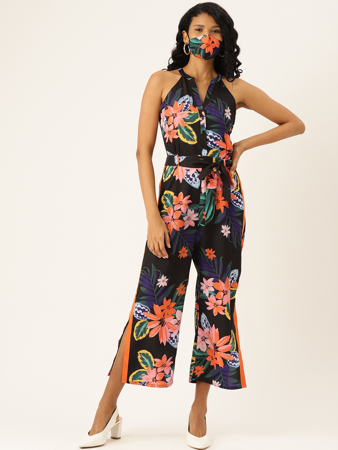 

DIVA WALK EXCLUSIVE Women Black Coral Pink Floral Print Basic Jumpsuit
