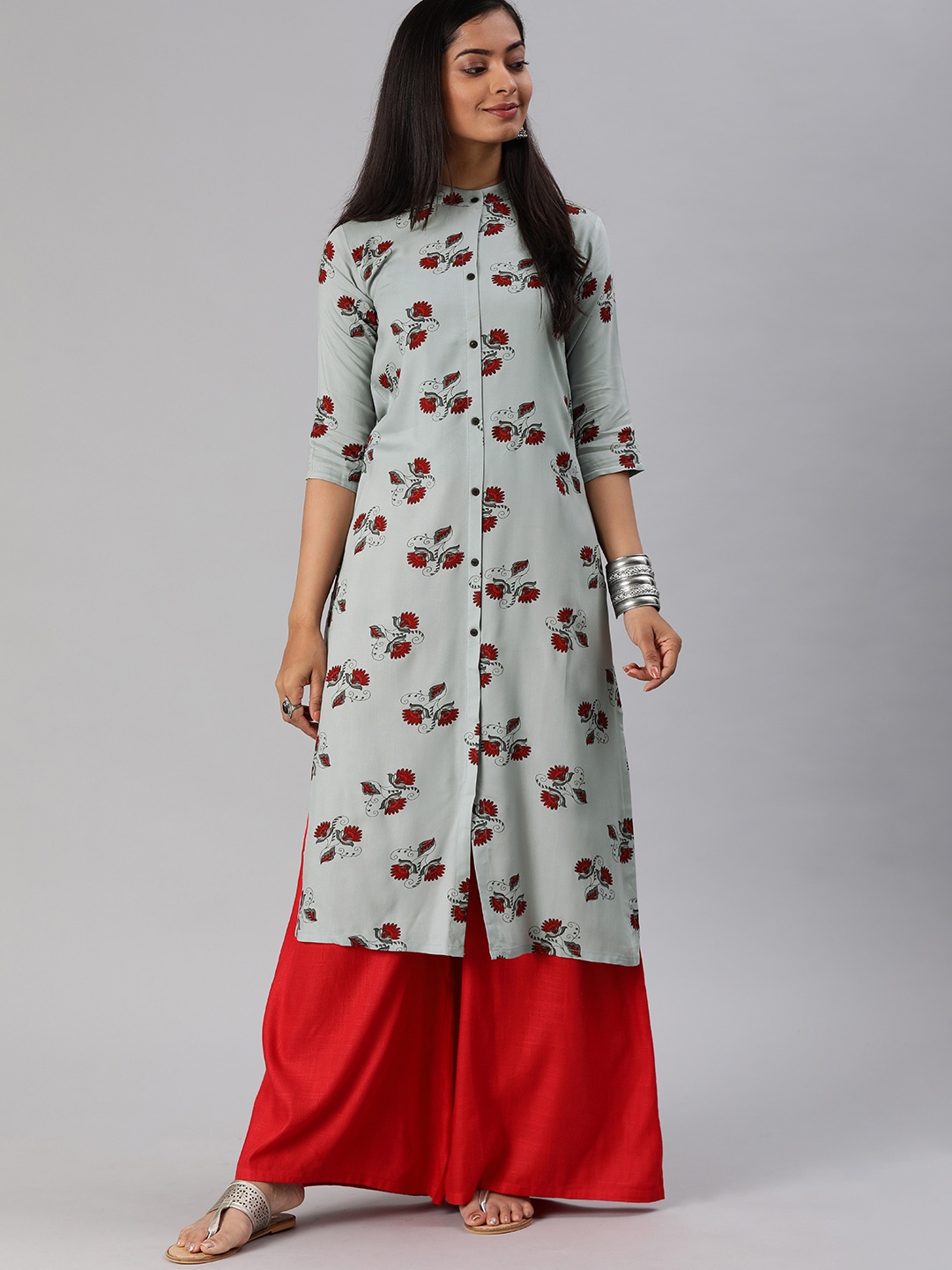 

MIMOSA Women Grey & Maroon Printed Straight Kurta