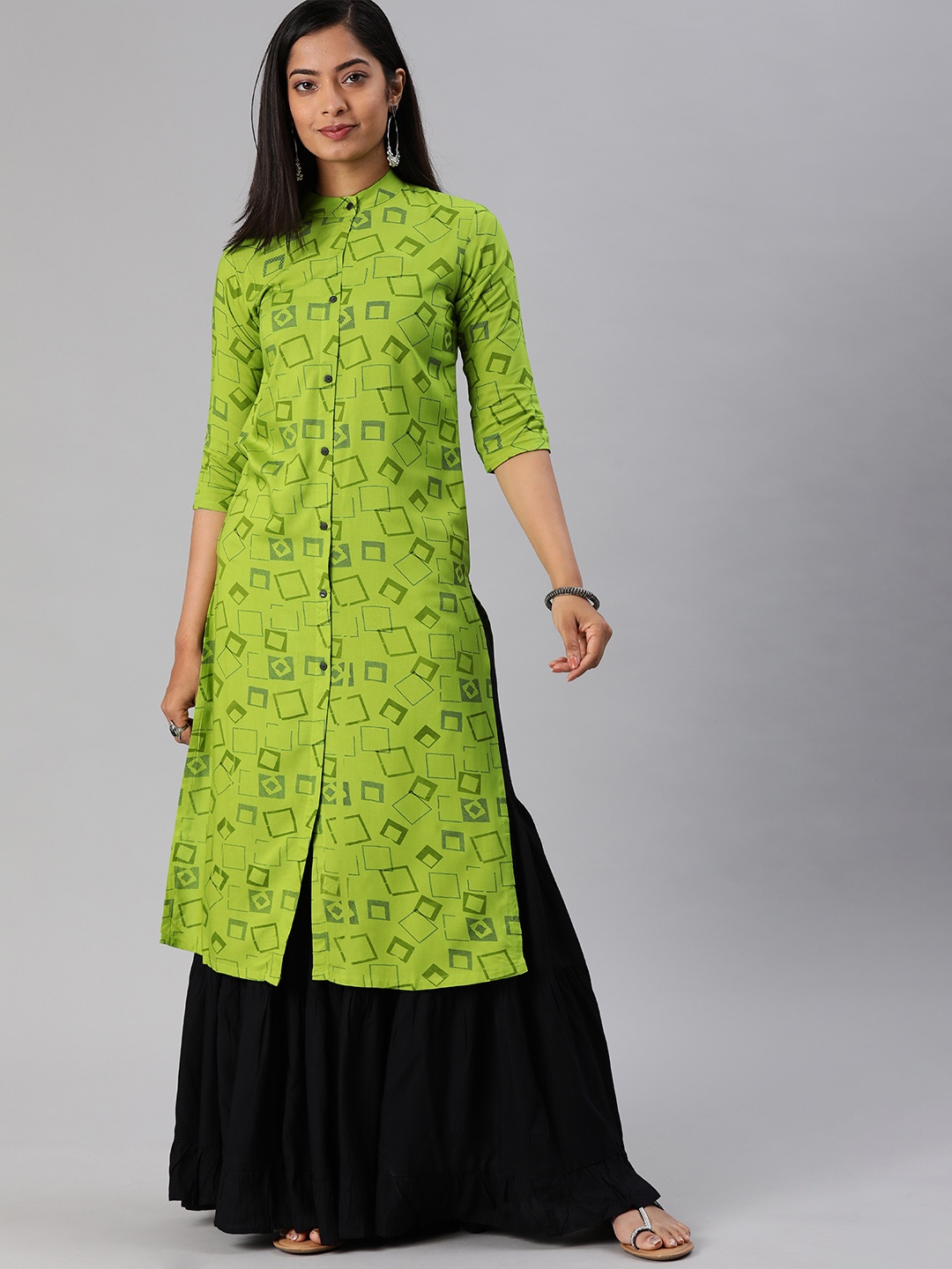 

MIMOSA Women Green & Black Printed Straight Kurta