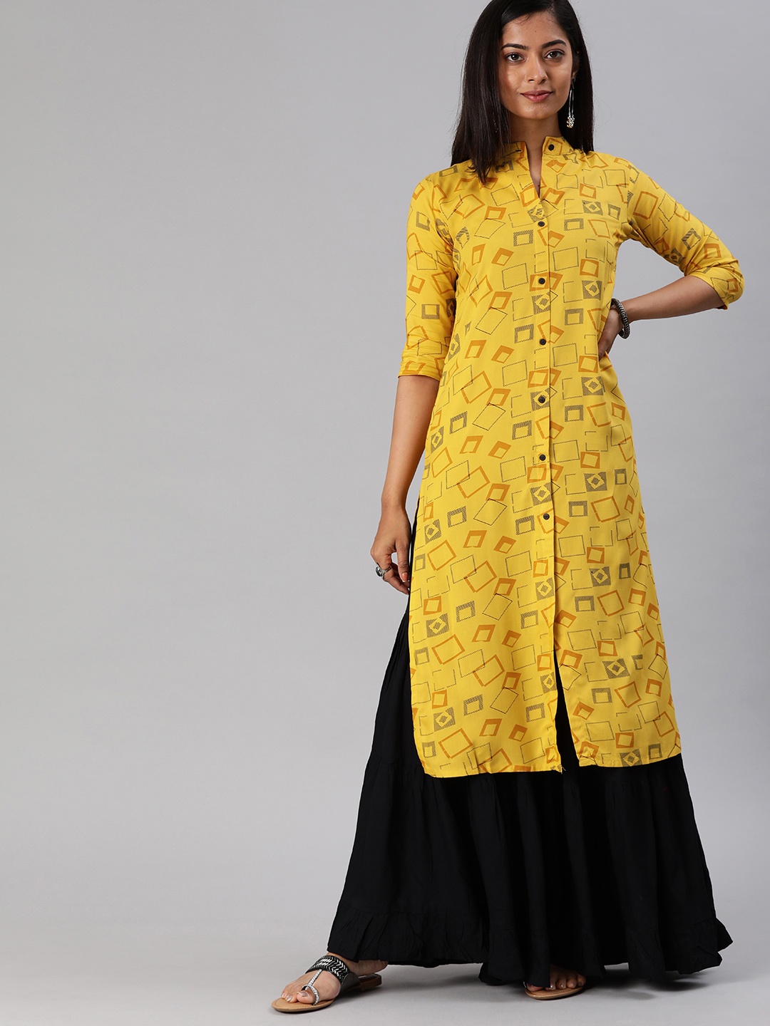 

MIMOSA Women Mustard Yellow Floral Printed Straight Kurta