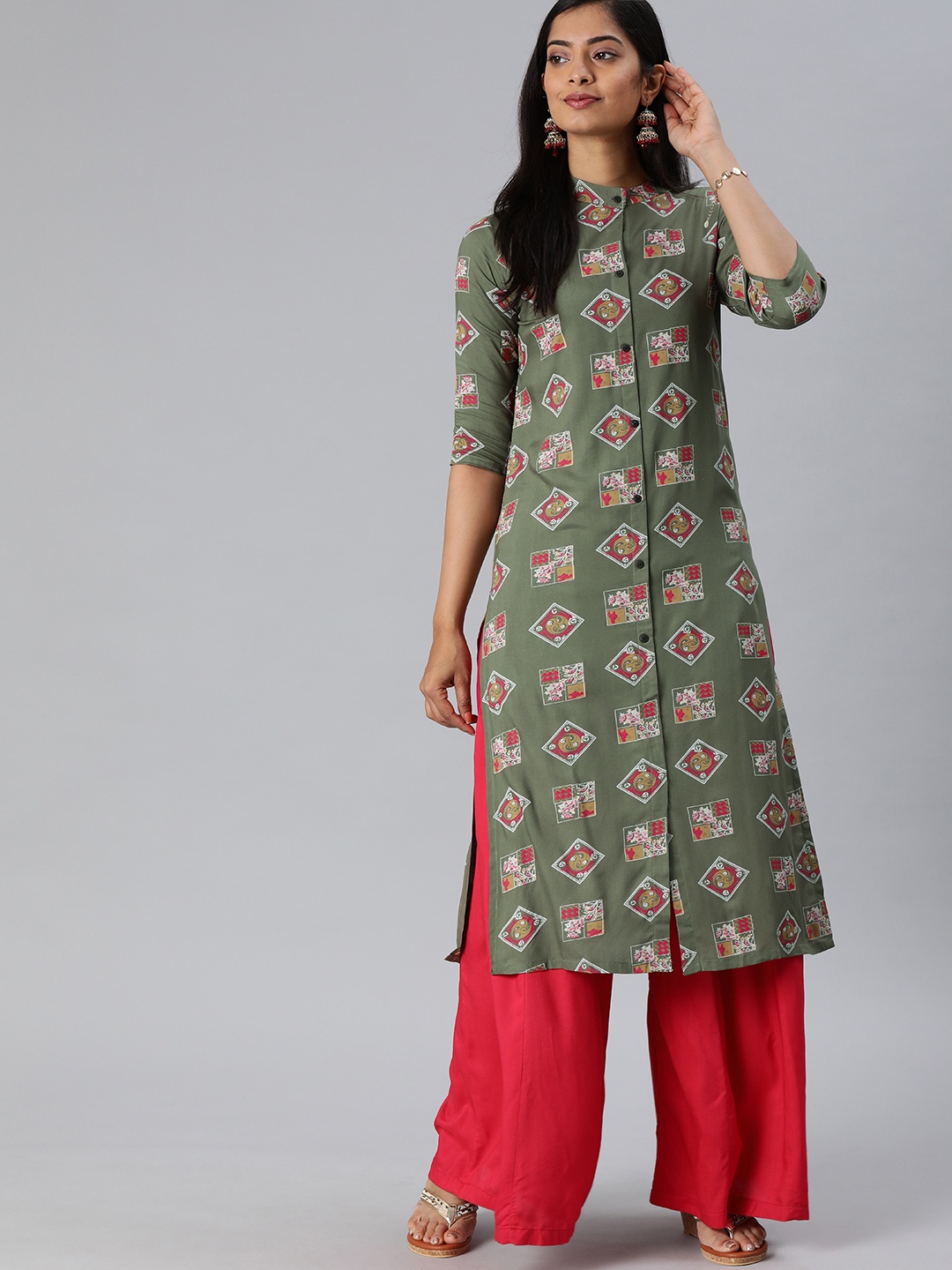 

MIMOSA Women Green & Red Printed Straight Kurta