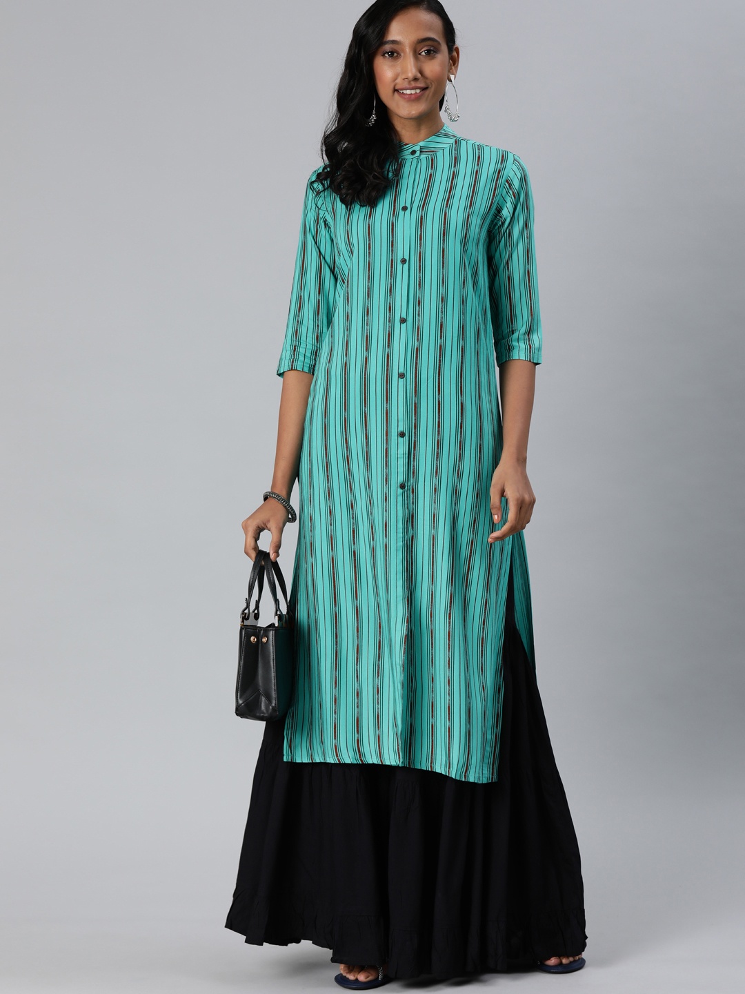 

MIMOSA Women Turquoise Blue & Maroon Striped Straight Kurta