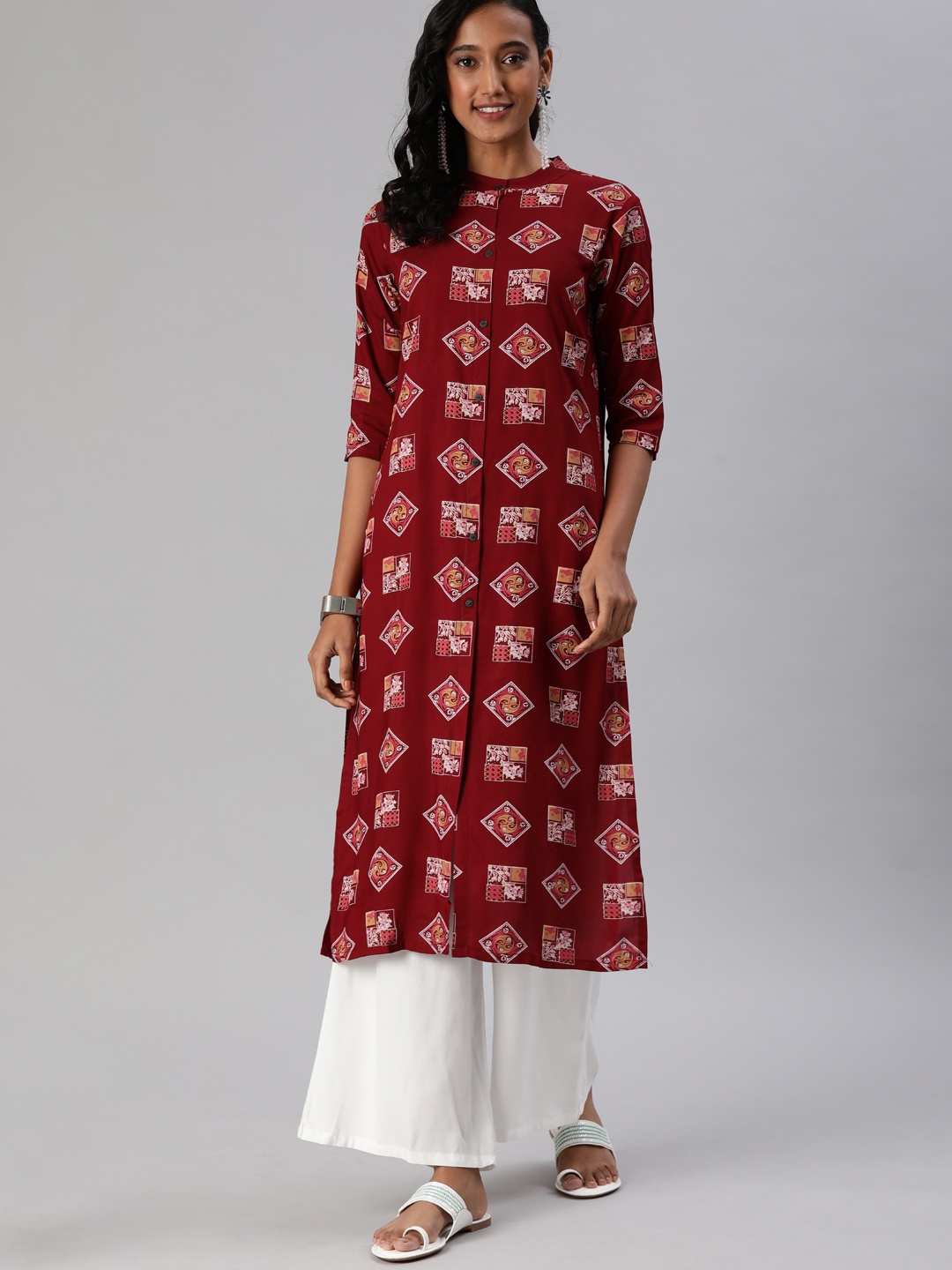 

MIMOSA Women Maroon Floral Printed Straight Kurta