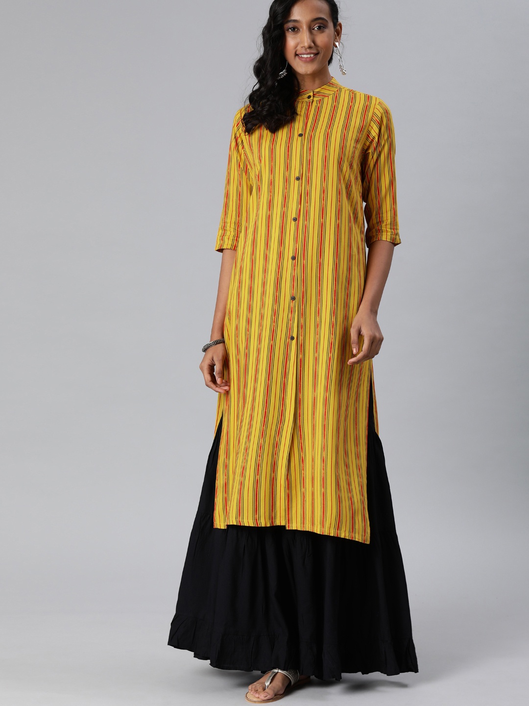 

MIMOSA Women Mustard Yellow & Red Striped Straight Kurta