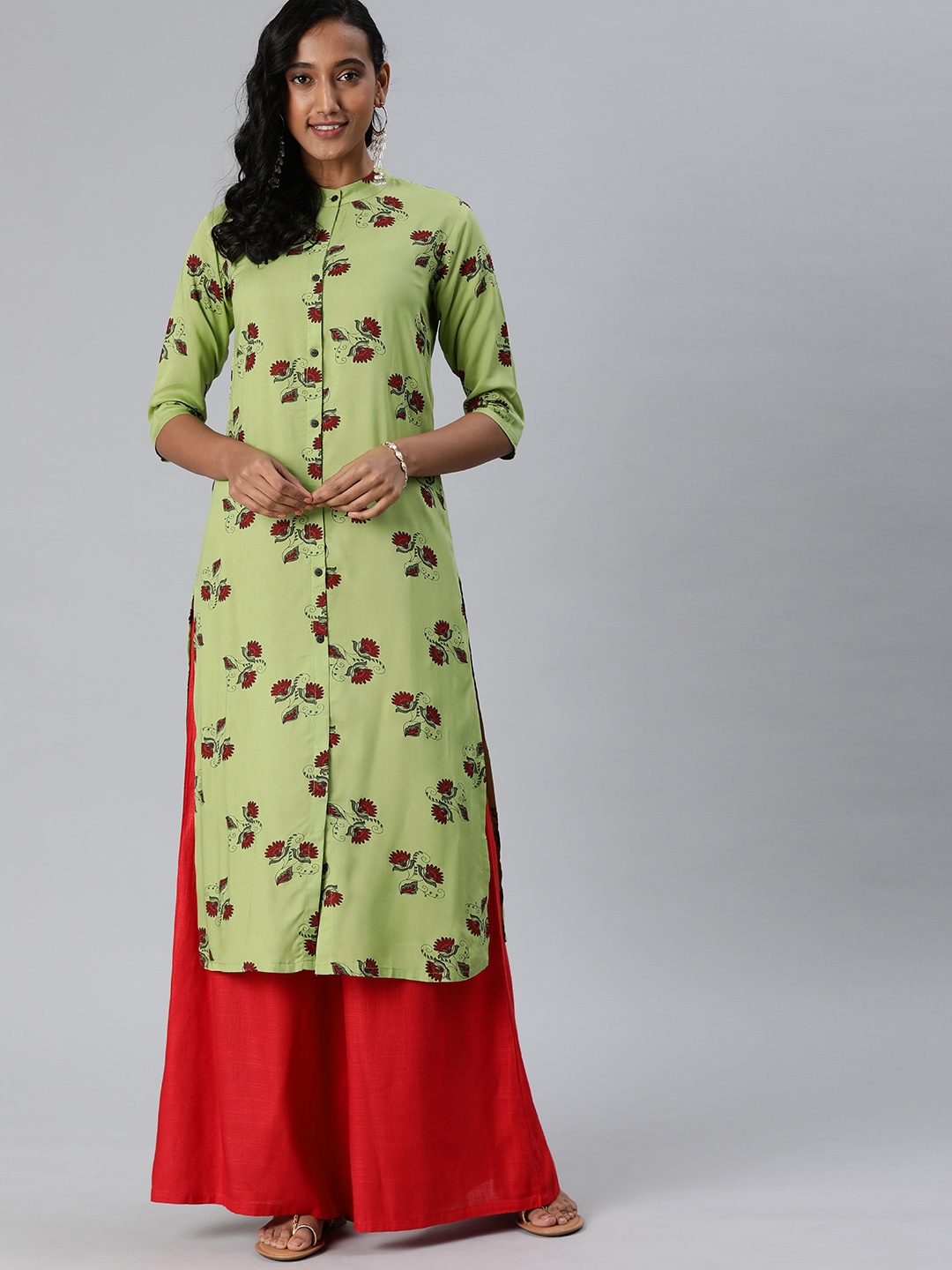 

MIMOSA Women Green & Red Printed Straight Kurta