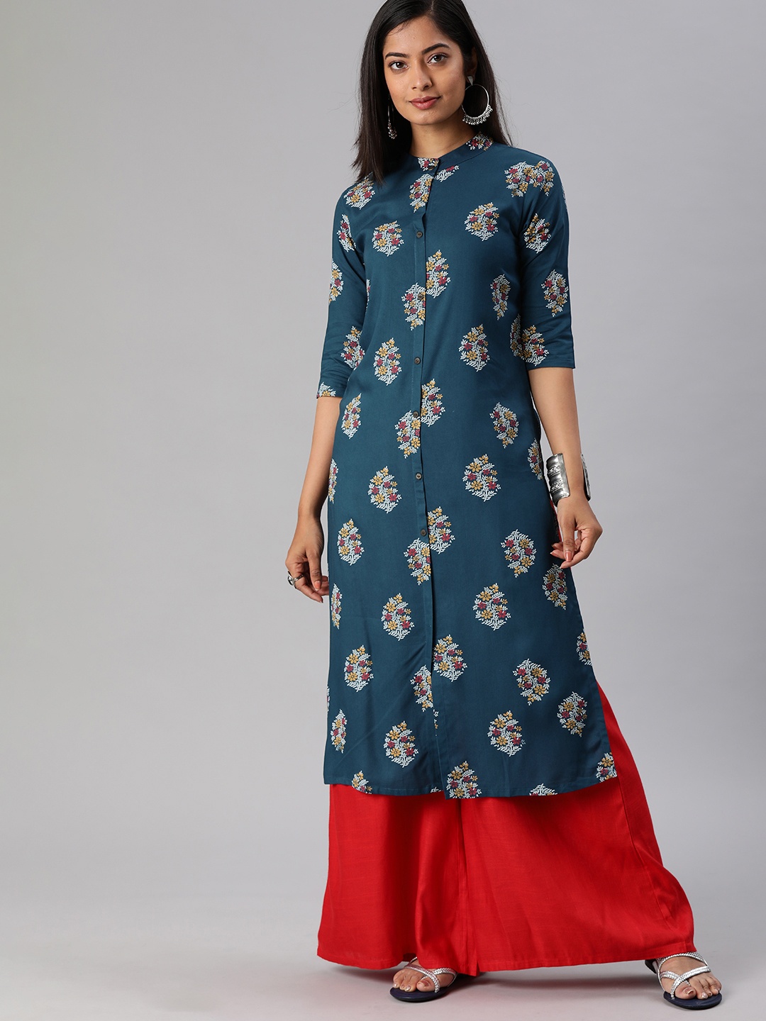 

MIMOSA Women Blue & Maroon Printed Straight Kurta
