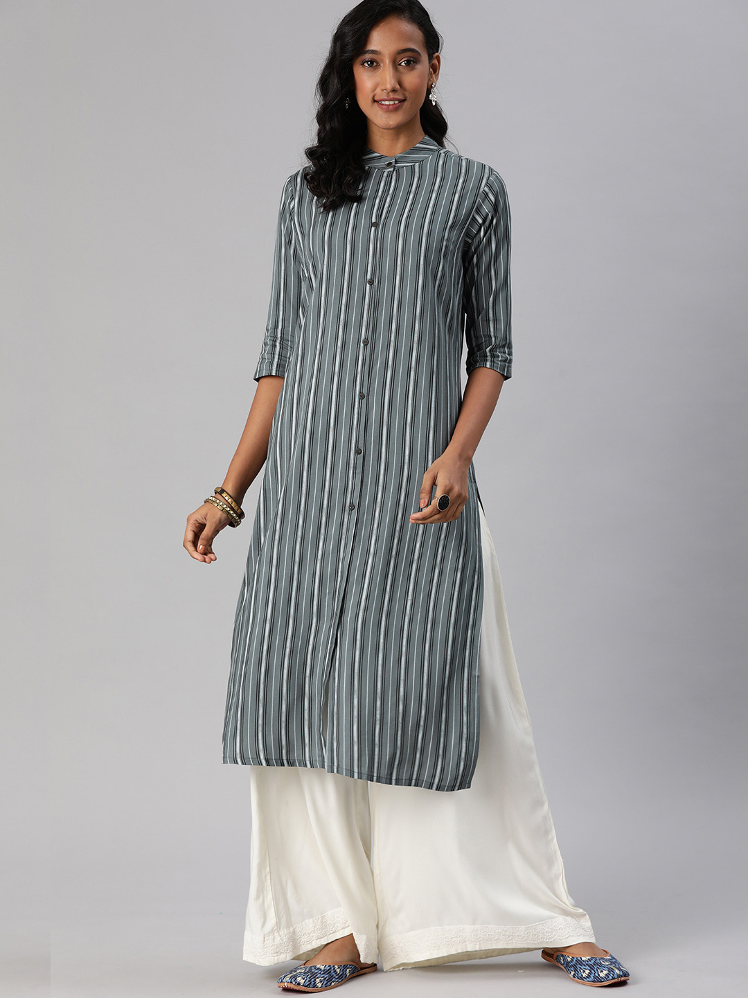 

MIMOSA Women Teal Blue & Black Striped Straight Kurta