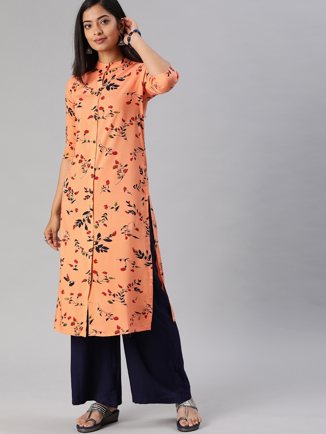 

MIMOSA Women Peach-Coloured Floral Printed Straight Kurta