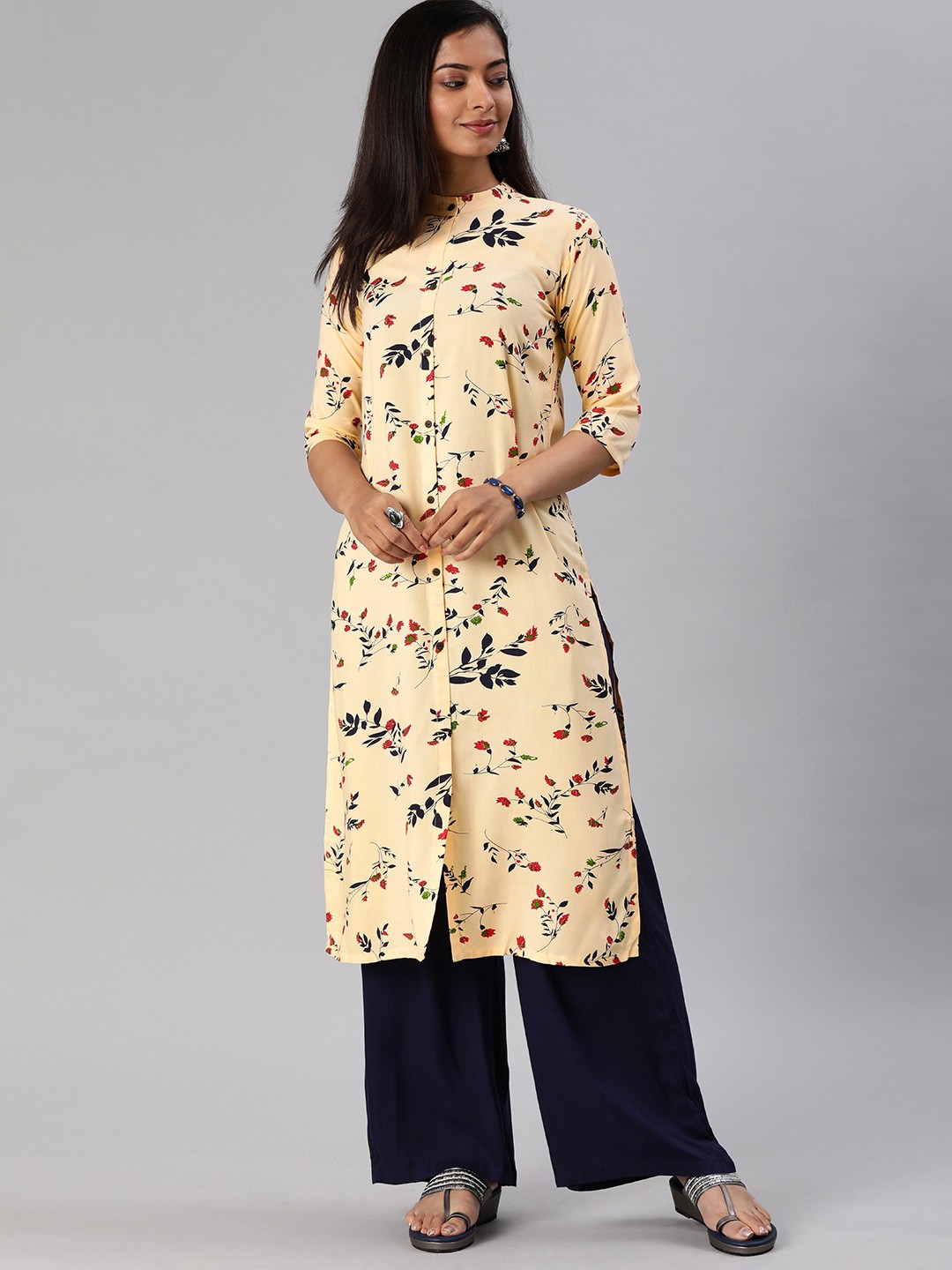 

MIMOSA Women Peach-Coloured Floral Printed Straight Kurta