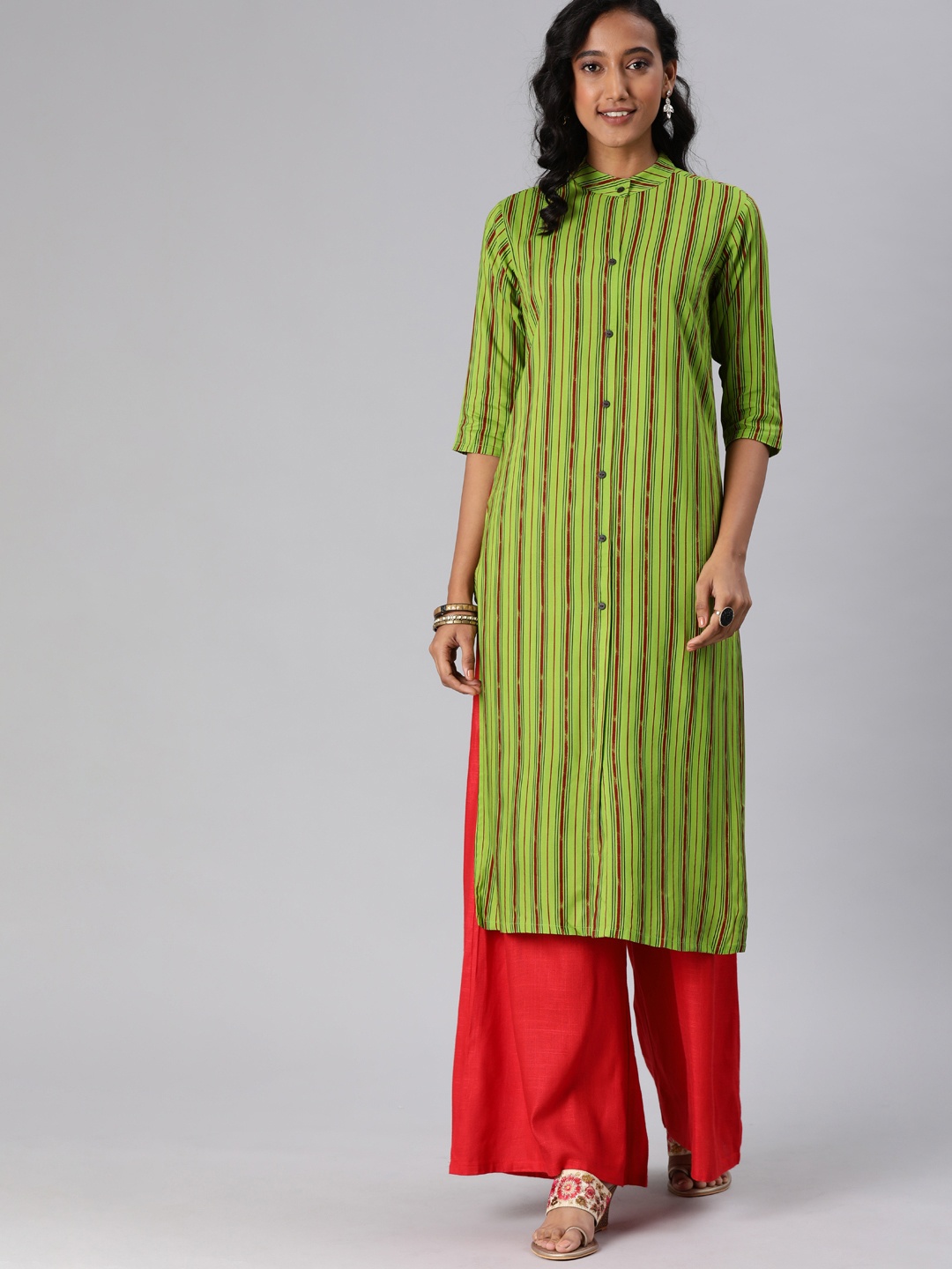 

MIMOSA Women Lime Green & Maroon Striped Straight Kurta