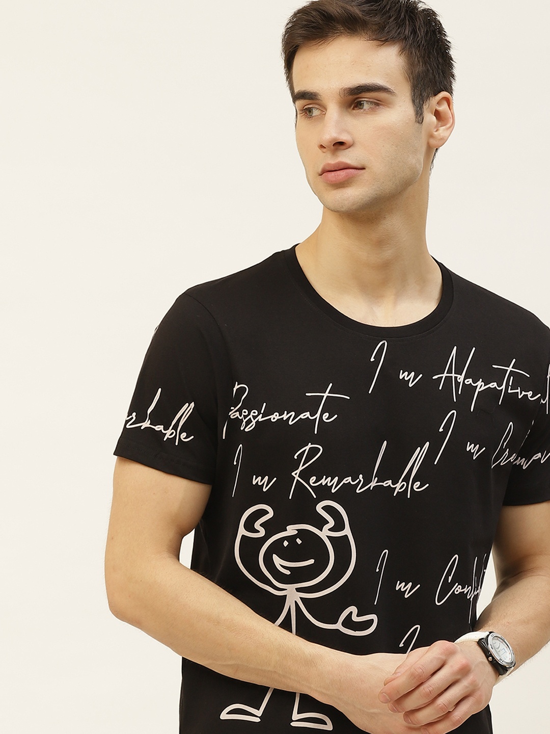 

Moda Rapido Men Black White Cotton Typography Printed Pure Cotton T-shirt
