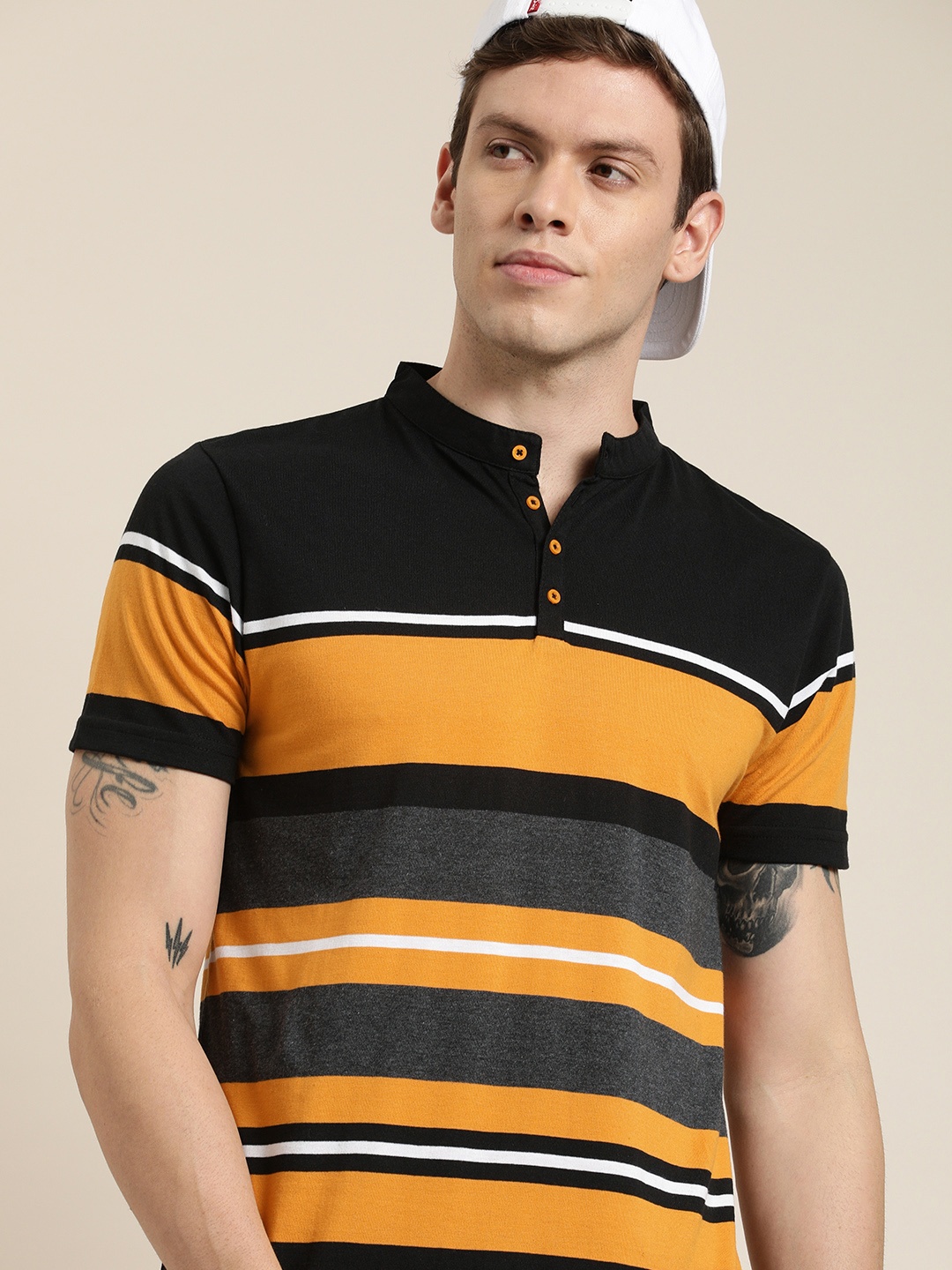 

Moda Rapido Men Black & Mustard Yellow Striped Mini High Neck T-shirt